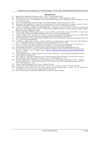 Implementation of Hysteresis controlled Space Vector Pulse Width Modulation Based Inverter

                                                            REFERENCES
[1]     Bimal K. Bose, "Modern Power Electronic and AC Drives", Pearson Education, 2003.
[2]     Muhammad H. Rashid, "Power Electronics, Circuits, Derives and applications”. Pearson Education Inc. 2004.
[3]     J.Y. Lee, and Y.Y. Sun, “A New SPWM Inverter with Minimum Filter Requirement,” International Journal of Electronics, Vol. 64,
        No. 5, pp. 815-826, 1988.
[4]     Vas, P., “Electrical Machines and Drives a Space-Vector Theory Approach,” Oxford University Press, 1992.
[5]      Hariram, B., and Marimuthu, N.S., “Space Vector Switching Patterns for Different Applications a Comparative Analysis,” Proc. of
        2005 IEEE International Conference on Industrial Technology ICIT, pp. 1444 – 1449, Hong Kong, Dec. 2005.
[6] ]     Leong, C.Y., Grinberg, R., Makrides, G., and McMahon, R.A., “A Comparison of Losses in Small (<1 kW) Drives Using Sine and
        Space Vector PulseWidth Modulation Schemes,” The Sixth IEEE International Conference on Power Electronics and Drive Systems
        PEDS, Kuala Lumpur, Malaysia, Dec. 2005.
[7]     K. Zhou and D. Wang, “Relationship Between Space-Vector Modulation and Three Phase Carrier-Based PWM: A Comprehensive
        Analysis,” IEEE Transactions on Industrial Electronics, Vol. 49, No. 1, pp. 186-196, February 2002.
[8]      H. Quan, Z.Gang, C. Jie, Z. Wu, and Z. Liu, “Study of A Novel Over-modulation Technique Based on Space-Vector PWM,” IEEE
        Computer Distributed Control and Intelligent Environmental Monitoring (CDCIEM), pp. 295-298, 2011.
[9]      W.F. Zhang and Y.H. Yu, “Comparison of Three SVPWM Strategies,” Journal of Electronic Science and Technology of China, Vol.
        5, No. 3, pp. 283-287, September 2007.
[10]    E. Hendawi, F. Khater, and A. Shaltout, “Analysis, Simulation and Implementation of Space Vector Pulse Width Modulation
        Inverter,” International Conference on Application of Electrical Engineering, pp. 124-131, 2010.
[11]    Chun Li, Wilsun Xu, Thavatchai Tayjasanant," Interharmonics: basic concepts and techniques for their detection and
        measurement", Department of Electrical and Computer Engineering, University of Alberta Canada,2003.
[12]    W. Mack Grady, Surya Santoso," Understanding Power System Harmonics", IEEE Power Engineering Review, 2001.
[13]    R. Cordero, and J.O.P. Pinto, “Relationship Between SPWM and SVPWM for Under modulation and Over modulation Modes
        Based on Modiﬁed Carrier Signal.” from: http://www.labplan.ufsc.br/congressos/Induscon%202010/fscommand/
        web/docs/I0275.pdf.
[14]    Texas Instruments Europe, “Field Orientated Control of 3-Phase AC-Motors,” Texas Instruments Incorporated, Literature
        Number: BPRA073, February 1998.
[15]    Pan, Z.; Peng, F.Z.; “Harmonics Optimization of the Voltage Balancing Control for Multilevel Converter/Inverter Systems”,
        Power Electronics, IEEE Transactions on, Volume 21, Issue 1, Jan. 2006 Page(s):211 – 218.
[16]     Rui Wu; Donghua Chen; Shaojun Xie;A “three-dimensional space vector modulation algorithm in A-B-C coordinate
        implemented by a FPGA”, 179- 180 Industrial Electronics Society, 2005. IECON 2005. 32nd Annual Conference of IEEE, 6 -
        10 Nov., 2005 Page(s):1071 - 1075.
[17]    A Power Electronics Handbook by M.H. Rashid. Academic Press 2001.
[18]    J. Holtz, “Pulse width modulat ion for electronic power conversion,” Proc. IEEE, vol. 82, pp. 1194–1214, Aug. 1994.
[19]    M. Depenbrock, “Pulse width control of a 3-phase inverter with non sinusoidal phase              voltages,” in Proc. IEEE-IAS Int.
        Semiconductor Power Conversion Conf., Orlando, FL, 1975, pp. 389–398.
                                                                                        rd
[20]    Power Electronics by Dr. P.S. Bimbhra. Khanna Publishers, New Delhi, 2003. 3 Edition.




                                                       www.iosrjournals.org                                                     7 | Page
 