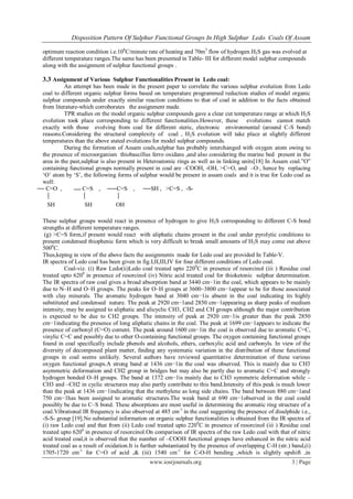 Disposition Pattern Of Sulphur Functional Groups In High Sulphur Ledo Coals Of Assam
www.iosrjournals.org 3 | Page
optimum reaction condition i.e.100
C/minute rate of heating and 70m3
flow of hydrogen.H2S gas was evolved at
different temperature ranges.The same has been presented in Table- III for different model sulphur compounds
along with the assignment of sulphur functional groups .
3.3 Assignment of Various Sulphur Functionalities Present in Ledo coal:
An attempt has been made in the present paper to correlate the various sulphur evolution from Ledo
coal to different organic sulphur forms based on temperature programmed reduction studies of model organic
sulphur compounds under exactly similar reaction conditions to that of coal in addition to the facts obtained
from literature-which corroborates the assignment made.
TPR studies on the model organic sulphur compounds gave a clear cut temperature range at which H2S
evolution took place corresponding to different functionalities.However, these evolutions cannot match
exactly with those evolving from coal for different steric, electronic environmental (around C-S bond)
reasons.Considering the structural complexity of coal , H2S evolution will take place at slightly different
temperatures than the above stated evolutions for model sulphur compounds.
During the formation of Assam coals,sulphur has probably interchanged with oxygen atom owing to
the presence of microorganism thiobascillus ferro oxidans ,and also considering the marine bed present in the
area in the past,sulphur is also present in Heteroatomic rings as well as in linking units[18] In Assam coal.”O”
containing functional groups normally present in coal are –COOH, -OH, >C=O, and –O_
, hence by replacing
„O‟ atom by „S‟, the following forms of sulphur would be present in assam coals and it is true for Ledo coal as
well:
C=O , C=S , C=S , SH , >C=S , -S-
SH SH OH
These sulphur groups would react in presence of hydrogen to give H2S corresponding to different C-S bond
strengths at different temperature ranges.
(g) >C=S form,if present would react with aliphatic chains present in the coal under pyrolytic conditions to
present condensed thiophenic form which is very difficult to break small amounts of H2S may come out above
5000
C.
Thus,keping in view of the above facts the assignments made for Ledo coal are provided In Table-V.
IR spectra of Ledo coal has been given in fig.I,II,III,IV for four different conditions of Ledo coal.
Coal-viz. (i) Raw Ledo(ii)Ledo coal treated upto 2200
C in presence of resorcinol (iii ) Residue coal
treated upto 6200
in presence of resorcinol (iv) Nitric acid treated coal for thioketonic sulphur determination.
The IR spectra of raw coal gives a broad absorption band at 3440 cm−1in the coal, which appears to be mainly
due to N–H and O–H groups. The peaks for O–H groups at 3600–3800 cm−1appear to be for those associated
with clay minerals. The aromatic hydrogen band at 3040 cm−1is absent in the coal indicating its highly
substituted and condensed nature. The peak at 2920 cm−1and 2850 cm−1appearing as sharp peaks of medium
intensity, may be assigned to aliphatic and alicyclic CH3, CH2 and CH groups although the major contribution
is expected to be due to CH2 groups. The intensity of peak at 2920 cm−1is greater than the peak 2850
cm−1indicating the presence of long aliphatic chains in the coal. The peak at 1699 cm−1appears to indicate the
presence of carbonyl (C=O) content. The peak around 1600 cm−1in the coal is observed due to aromatic C=C,
vinylic C=C and possibly due to other O-containing functional groups. The oxygen containing functional groups
found in coal specifically include phenols and alcohols, ethers, carboxylic acid and carbonyls. In view of the
diversity of decomposed plant matter, ﬁnding any systematic variation in the distribution of these functional
groups in coal seems unlikely. Several authors have reviewed quantitative determination of these various
oxygen functional groups.A strong band at 1436 cm−1in the coal was observed. This is mainly due to CH3
asymmetric deformation and CH2 group in bridges but may also be partly due to aromatic C=C and strongly
hydrogen bonded O–H groups. The band at 1372 cm−1is mainly due to CH3 symmetric deformation while –
CH3 and –CH2 in cyclic structures may also partly contribute to this band.Intensity of this peak is much lower
than the peak at 1436 cm−1indicating that the methylene as long side chains. The band between 880 cm−1and
750 cm−1has been assigned to aromatic structures.The weak band at 690 cm−1observed in the coal could
possibly be due to C–S bond. These absorptions are most useful in determining the aromatic ring structure of a
coal.Vibrational IR frequency is also observed at 485 cm-1
in the coal suggesting the presence of disulphide i.e.,
-S-S- group [19].No substantial information on organic sulphur functionalities is obtained from the IR spectra of
(i) raw Ledo coal and that from (ii) Ledo coal treated upto 2200
C in presence of resorcinol (iii ) Residue coal
treated upto 6200
in presence of resorcinol.On comparison of IR spectra of the raw Ledo coal with that of nitric
acid treated coal,it is observed that the number of –COOH functional groups have enhanced in the nitric acid
treated coal as a result of oxidation.It is further substantiated by the presence of overlapping C-H (str.) band,(i)
1705-1720 cm-1
for C=O of acid ,& (iii) 1540 cm-1
for C-O-H bending ,which is slightly upshift ,in
 
