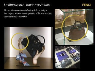 FENDILa Rinascente - borse e accessori
Elementi coerenti con i displaydella boutique.
Purtroppo in un’area così piccola abbiamo esposto
un minimo di 40/50 SKU
 