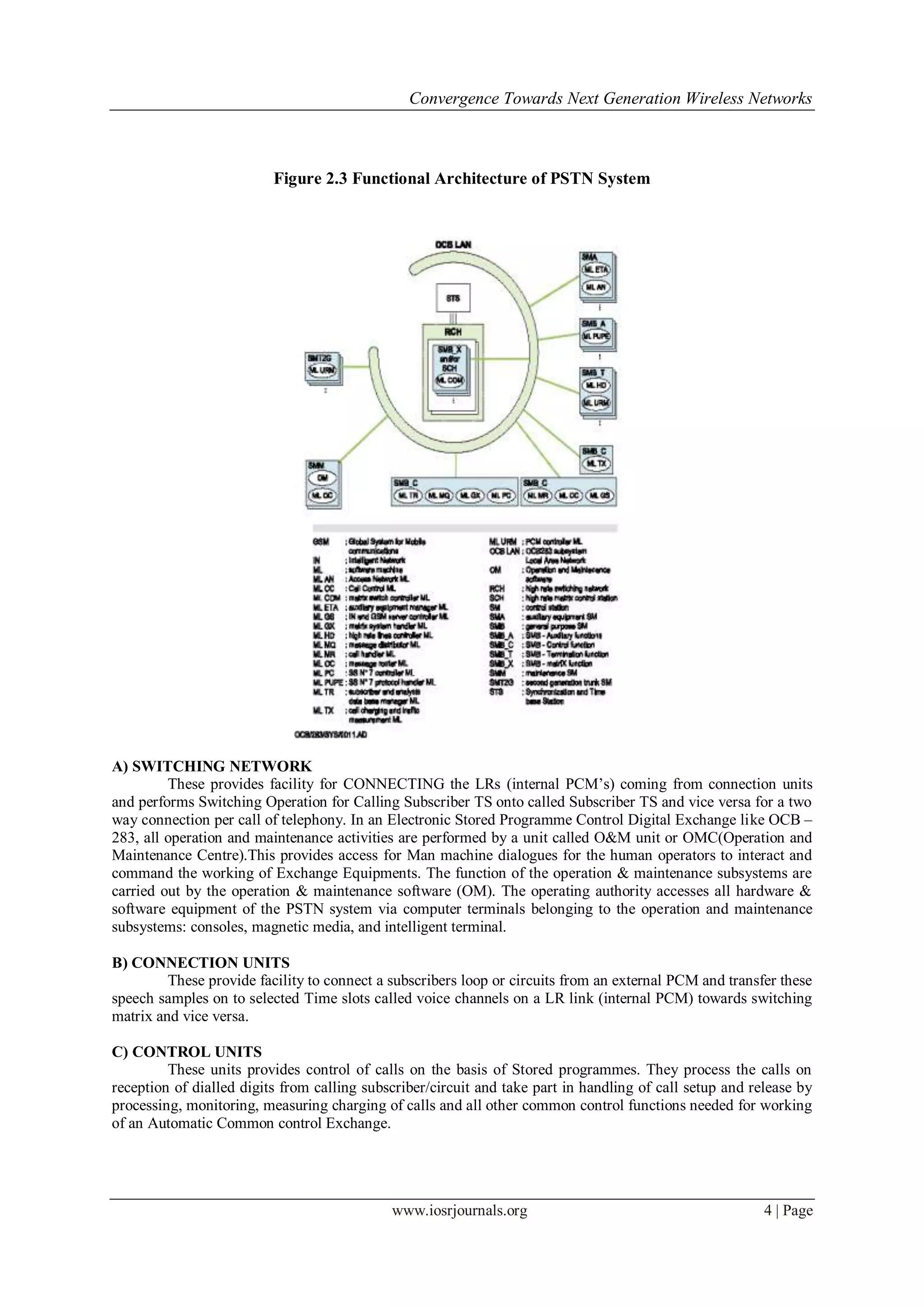 Convergence Towards Next Generation Wireless Networks



                          Figure 2.3 Functional Architecture of PSTN System




A) SWITCHING NETWORK
         These provides facility for CONNECTING the LRs (internal PCM‘s) coming from connection units
and performs Switching Operation for Calling Subscriber TS onto called Subscriber TS and vice versa for a two
way connection per call of telephony. In an Electronic Stored Programme Control Digital Exchange like OCB –
283, all operation and maintenance activities are performed by a unit called O&M unit or OMC(Operation and
Maintenance Centre).This provides access for Man machine dialogues for the human operators to interact and
command the working of Exchange Equipments. The function of the operation & maintenance subsystems are
carried out by the operation & maintenance software (OM). The operating authority accesses all hardware &
software equipment of the PSTN system via computer terminals belonging to the operation and maintenance
subsystems: consoles, magnetic media, and intelligent terminal.

B) CONNECTION UNITS
         These provide facility to connect a subscribers loop or circuits from an external PCM and transfer these
speech samples on to selected Time slots called voice channels on a LR link (internal PCM) towards switching
matrix and vice versa.

C) CONTROL UNITS
         These units provides control of calls on the basis of Stored programmes. They process the calls on
reception of dialled digits from calling subscriber/circuit and take part in handling of call setup and release by
processing, monitoring, measuring charging of calls and all other common control functions needed for working
of an Automatic Common control Exchange.




                                             www.iosrjournals.org                                         4 | Page
 