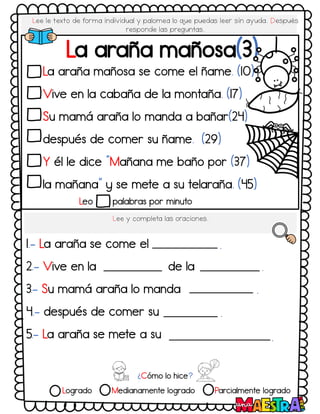 Lee le texto de forma individual y palomea lo q
ue puedas leer sin ayuda. Después
responde las preguntas.
La araña mañosa(3)
La araña mañosa se come el ñame. (10)
Vive en la cabaña de la montaña. (17)
Su mamá araña lo manda a bañar(24)
después de comer su ñame. (29)
Y él le dice “Mañana me baño por (37)
la mañana” y se mete a su telaraña. (45)
Lee y completa las oraciones.
1.- La araña se come el
2.- Vive en la de la
3.- Su mamá araña lo manda
4.- después de comer su
5.- La araña se mete a su
Leo palabras por minuto
¿Cómo lo hice?
Logrado Medianamente logrado Parcialmente logrado
.
.
.
.
.
 