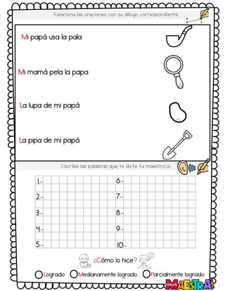 Logrado Medianamente logrado Parcialmente logrado
Relaciona las oraciones con su dibujo correspondiente.
Escribe las palabras q
ue te dicte tu maestro(a).
¿Cómo lo hice?
1.-
2.-
3.-
4.-
5.-
6.-
7.-
8.-
9.-
10.-
Mi papá usa la pala
La lupa de mi papá
Mi mamá pela la papa
La pipa de mi papá
 