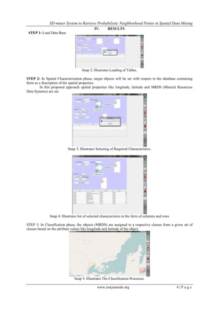 SD-miner System to Retrieve Probabilistic Neighborhood Points in Spatial Data Mining
www.iosrjournals.org 4 | P a g e
IV. RESULTS
STEP 1: Load Data Base
Snap 2: Illustrates Loading of Tables.
STEP 2: In Spatial Characterization phase, target objects will be set with respect to the database containing
them as a description of the spatial properties.
In this proposed approach spatial properties like longitude, latitude and MRDS (Mineral Resources
Data Systems) are set.
Snap 3: Illustrates Selecting of Required Characteristics.
Snap 4: Illustrates list of selected characteristics in the form of columns and rows
STEP 3: In Classification phase, the objects (MRDS) are assigned to a respective classes from a given set of
classes based on the attribute values like longitude and latitude of the object.
Snap 5: Illustrates The Classification Processes.
 