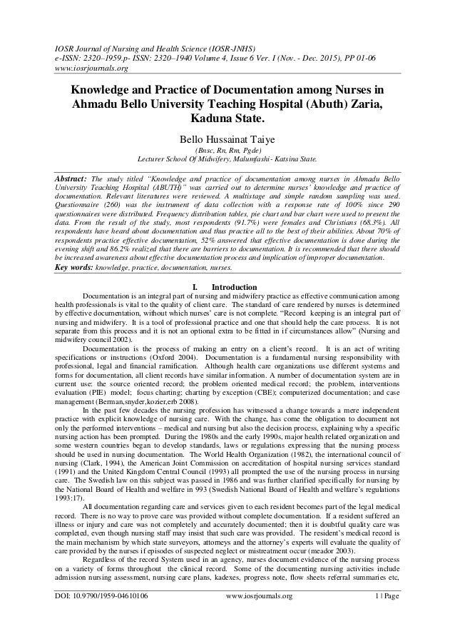 Knowledge And Practice Of Documentation Among Nurses In Ahmadu Bello