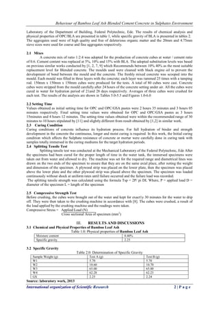 Behaviour of Bamboo Leaf Ash Blended Cement Concrete in Sulphates Environment
International organization of Scientific Research 2 | P a g e
Laboratory of the Department of Building, Federal Polytechnic, Ede. The results of chemical analysis and
physical properties of OPC/BLA are presented in table 1, while specific gravity of BLA is presented in tables 2.
The aggregates used were of high quality and free of deleterious organic matter and the 20mm and 4.75mm
sieve sizes were used for coarse and fine aggregates respectively.
2.1 Mixes
A concrete mix of ratio 1:2:4 was adopted for the production of concrete cubes at water / cement ratio
of 0.6. Cement content was replaced at 5%, 10% and 15% with BLA. The adopted substitution levels was based
on previous similar works conducted by [1, 2, 7, 9] which Recommends between 10% 40% as the most suitable
replacement level for Blended concrete. The moulds used were cleaned with black engine oil to prevent the
development of bond between the mould and the concrete. The freshly mixed concrete was scooped into the
mould. Each mould was filled in three layers with the concrete; each layer was rammed 25 times with a tamping
rod. 150mm x 150mm x 150mm cubes were produced for the tests. A total of 80 cubes were cast. Concrete
cubes were stripped from the mould carefully after 24 hours of the concrete setting under air. All the cubes were
cured in water for hydration period of 21and 28 days respectively. Averages of three cubes were crushed for
each test. The results of the analysis are shown in Tables 5.0-5.5 and Figures 1.0-6.0
2.2 Setting Time
Values obtained as initial setting time for OPC and OPC/GSA pastes were 2 hours 35 minutes and 3 hours 05
minutes respectively. Final setting time values were obtained for OPC and OPC/GSA pastes as 3 hours
15minutes and 4 hours 12 minutes. The setting time values obtained were within the recommended range of 30
minutes to 10 hours stipulated by [11] and slightly different from result obtained by [1,2] in similar work.
2.3 Curing Condition
Curing conditions of concrete influence its hydration process. For full hydration of binder and strength
development in the concrete the continuous, longer and moist curing is required. In this work, the Initial curing
condition which affects the Sulphate resistance of concrete or mortar were carefully done in curing tank with
samples totally immersed in the curing mediums for the target hydration periods.
2.4 Splitting Tensile Test
Splitting tensile test was conducted at the Mechanical Laboratory of the Federal Polytechnic, Ede After
the specimens had been cured for the proper length of time in the water tank, the immersed specimens were
taken out from water and allowed to dry. The machine was set for the required range and diametrical lines was
drawn on the two ends of the specimen to ensure that they are on the same axial place, after noting the weight
and dimension of the specimen. A plywood strip was placed on the lower plate, then the specimen was placed
above the lower plate and the other plywood strip was placed above the specimen. The specimen was loaded
continuously without shock at uniform rates until failure occurred and the failure load was recorded.
The splitting tensile strength was calculated using the formula Tsp = 2P/ pi DL Where, P = applied load D =
diameter of the specimen L = length of the specimen
2.5 Compressive Strength Test
Before crushing, the cubes were brought out of the water and kept for exact1y 30 minutes for the water to drip
off. They were then taken to the crushing machine in accordance with [8]. The cubes were crushed, a result of
the load applied by the crushing machine and the readings were taken.
Compressive Stress = Applied Load (N)
Cross sectional Area of specimen (mm2
)
III. RESULTS AND DISCUSSIONS
3.1 Chemical and Physical Properties of Bamboo Leaf Ash
Table 1.0: Physical properties of Bamboo Leaf Ash
Moisture content 0.40%
Specific gravity 2.25
3.2 Specific Gravity
Table 2.0: Determination of Specific Gravity
Sample Weight (g) Test A (g) Test B (g)
W1 5.70 5.70
W2 10.60 10.70
W3 65.00 65.00
W4 62.28 62.23
GS 2.25 2.24
Source: laboratory work, 2013
 