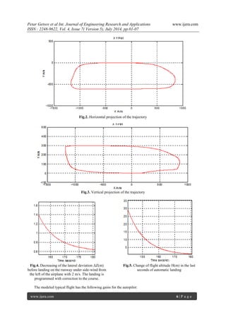 Petar Getsov et al Int. Journal of Engineering Research and Applications www.ijera.com 
ISSN : 2248-9622, Vol. 4, Issue 7( Version 5), July 2014, pp.01-07 
www.ijera.com 6 | P a g e 
Fig.2. Horizontal projection of the trajectory Fig.3. Vertical projection of the trajectory 
Fig.4. Decreasing of the lateral deviation ΔZ(m) before landing on the runway under side-wind from the left of the airplane with 2 m/s. The landing is programmed with correction to the course. 
Fig.5. Change of flight altitude H(m) in the last seconds of automatic landing The modeled typical flight has the following gains for the autopilot:  