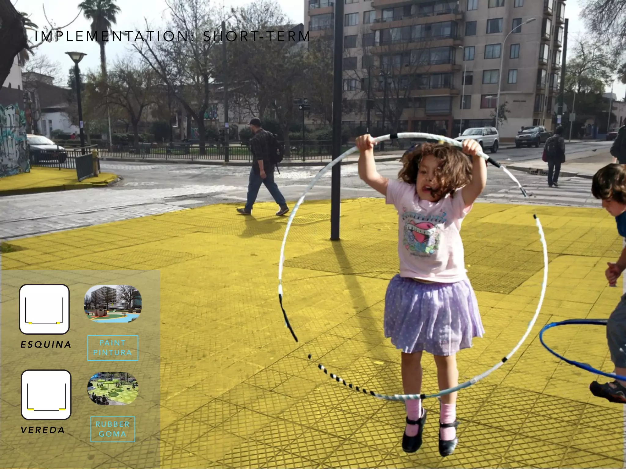 I M P L E M E N TA T I O N : S H O R T- T E R M
PA I N T
P I N T U R A
R U B B E R
G O M A
E S Q U I N A
V E R E D A
 