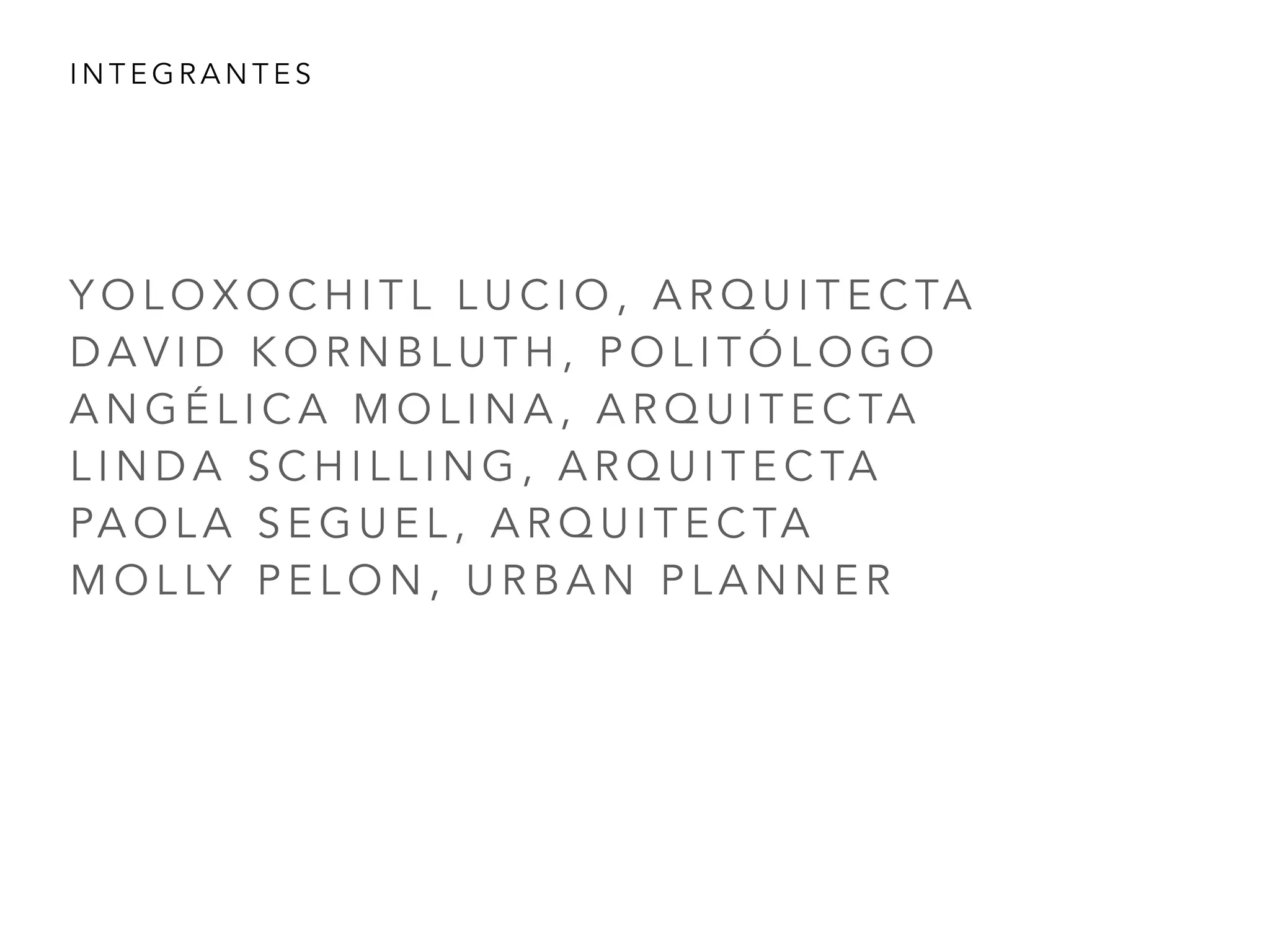 I N T E G R A N T E S
Y O L O X O C H I T L L U C I O , A R Q U I T E C TA
D A V I D K O R N B L U T H , P O L I T Ó L O G O
A N G É L I C A M O L I N A , A R Q U I T E C TA
L I N D A S C H I L L I N G , A R Q U I T E C TA
PA O L A S E G U E L , A R Q U I T E C TA
M O L LY P E L O N , U R B A N P L A N N E R
 