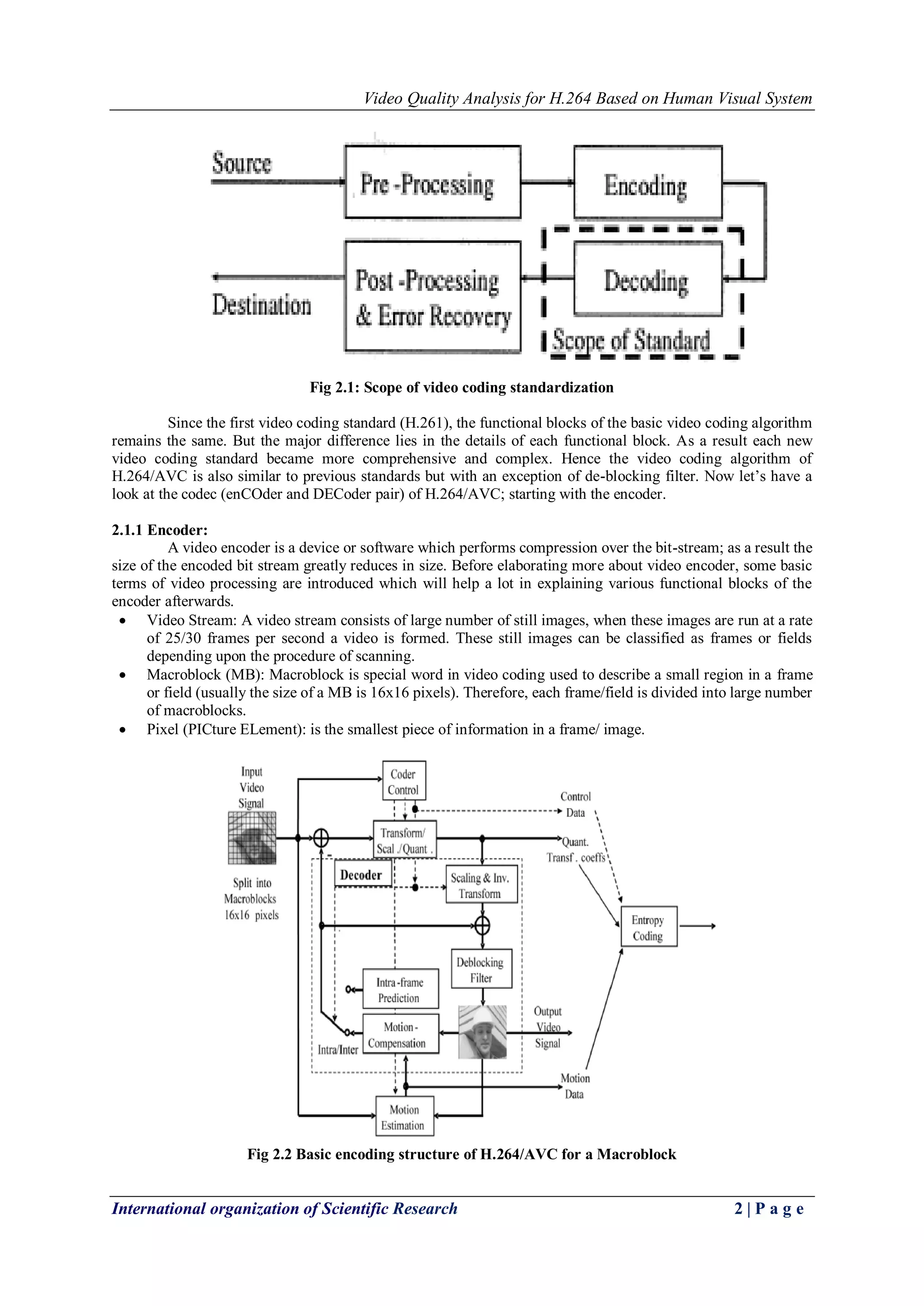 Video Quality Analysis for H.264 Based on Human Visual System 
International organization of Scientific Research 2 | P a g e 
Fig 2.1: Scope of video coding standardization 
Since the first video coding standard (H.261), the functional blocks of the basic video coding algorithm 
remains the same. But the major difference lies in the details of each functional block. As a result each new 
video coding standard became more comprehensive and complex. Hence the video coding algorithm of 
H.264/AVC is also similar to previous standards but with an exception of de-blocking filter. Now let’s have a 
look at the codec (enCOder and DECoder pair) of H.264/AVC; starting with the encoder. 
2.1.1 Encoder: 
A video encoder is a device or software which performs compression over the bit-stream; as a result the 
size of the encoded bit stream greatly reduces in size. Before elaborating more about video encoder, some basic 
terms of video processing are introduced which will help a lot in explaining various functional blocks of the 
encoder afterwards. 
 Video Stream: A video stream consists of large number of still images, when these images are run at a rate 
of 25/30 frames per second a video is formed. These still images can be classified as frames or fields 
depending upon the procedure of scanning. 
 Macroblock (MB): Macroblock is special word in video coding used to describe a small region in a frame 
or field (usually the size of a MB is 16x16 pixels). Therefore, each frame/field is divided into large number 
of macroblocks. 
 Pixel (PICture ELement): is the smallest piece of information in a frame/ image. 
Fig 2.2 Basic encoding structure of H.264/AVC for a Macroblock 
 