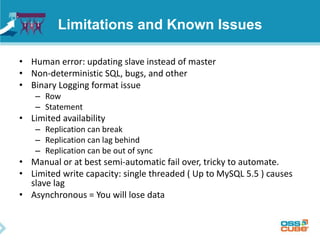 Limitations and Known Issues
• Human error: updating slave instead of master
• Non-deterministic SQL, bugs, and other
• Binary Logging format issue
– Row
– Statement
• Limited availability
– Replication can break
– Replication can lag behind
– Replication can be out of sync
• Manual or at best semi-automatic fail over, tricky to automate.
• Limited write capacity: single threaded ( Up to MySQL 5.5 ) causes
slave lag
• Asynchronous = You will lose data
 