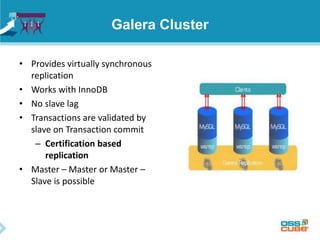 Galera Cluster
• Provides virtually synchronous
replication
• Works with InnoDB
• No slave lag
• Transactions are validated by
slave on Transaction commit
– Certification based
replication
• Master – Master or Master –
Slave is possible
 