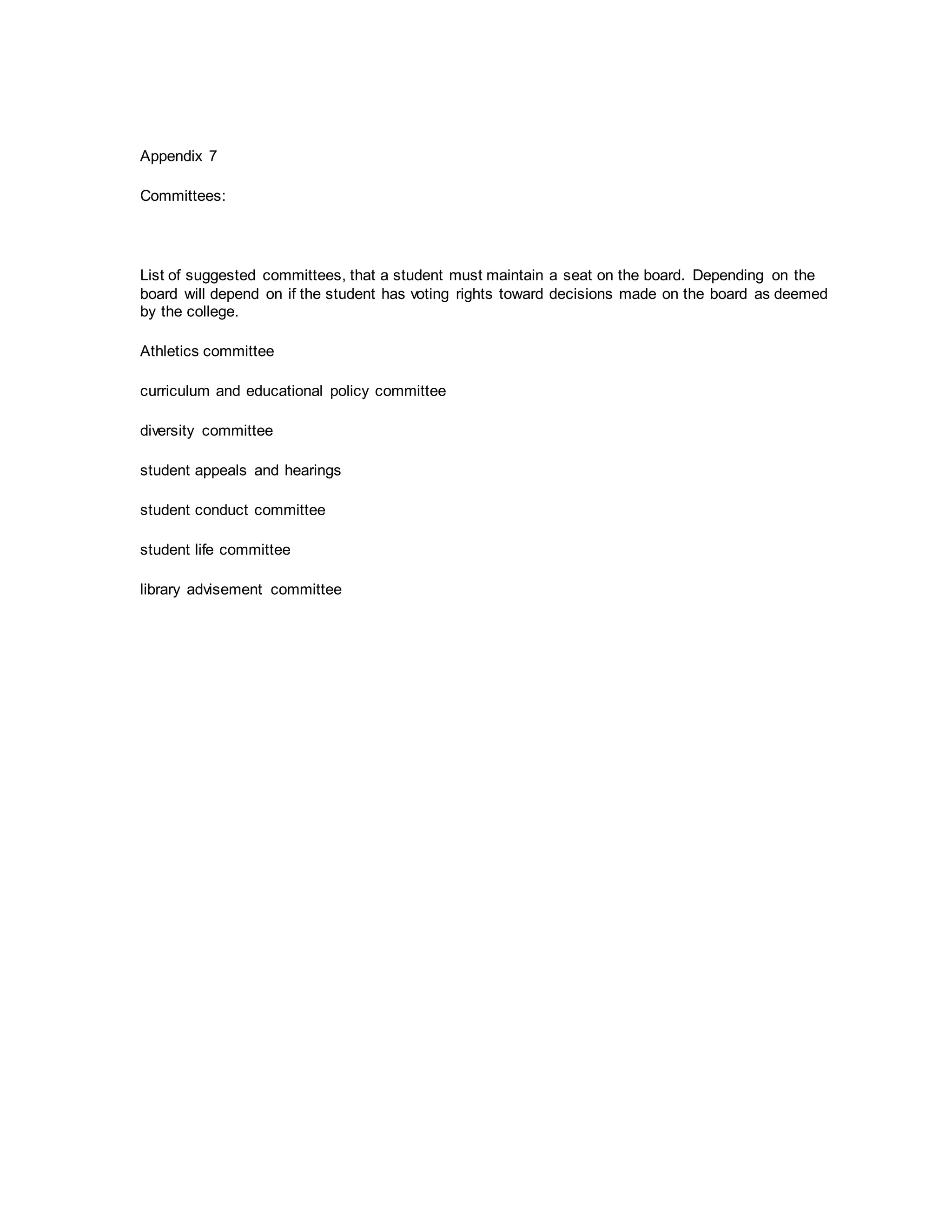 Appendix 7
Committees:
List of suggested committees, that a student must maintain a seat on the board. Depending on the
board will depend on if the student has voting rights toward decisions made on the board as deemed
by the college.
Athletics committee
curriculum and educational policy committee
diversity committee
student appeals and hearings
student conduct committee
student life committee
library advisement committee
 