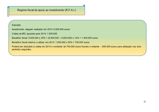 15
Regime fiscal de apoio ao investimento (R.F.A.I.)
Exemplo:
Investimento elegível realizado em 2014: 6.500.000 euros
Coleta de IRC apurada para 2014: 1.500.000
Benefício fiscal: 5.000.000 x 25% + (6.500.000 – 5.000.000) x 10% = 1.400.000 euros
Benefício fiscal máximo a utilizar em 2014: 1.500.000 x 50% = 750.000 euros
Poderá ser deduzido à coleta em 2014 o montante de 750.000 euros ficando o restante – 650.000 euros para utilização nos dois
períodos seguintes.
 