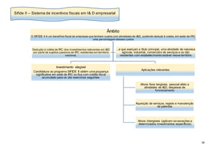 18
Âmbito
O SIFIDE II é um benefício fiscal às empresas que tenham custos com atividades de I&D, podendo deduzir à coleta, em sede de IRC
uma percentagem desses custos
Investimento elegível
Candidatura ao programa SIFIDE II obtém uma poupança
significativa em sede de IRC ou fica com crédito fiscal
acumulado para os oito exercícios seguintes
Aplicações relevantes
Ativos fixos tangíveis, pessoal afeto a
atividades de I&D, despesas de
funcionamento
Aquisição de serviços, registo e manutenção
de patentes
Ativos intangíveis (aplicam-se exceções a
determinados investimentos específicos)
Dedução à coleta de IRC dos investimentos relevantes em I&D
por parte de sujeitos passivos de IRC residentes em território
nacional..
...e que exerçam a título principal, uma atividade de natureza
agrícola, industrial, comercial e de serviços e os não
residentes com estabelecimento estável nesse território
Sifide II – Sistema de incentivos fiscais em I& D empresarial
 