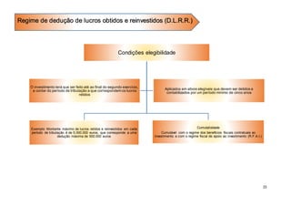 23
Condições elegibilidade
Exemplo: Montante máximo de lucros retidos e reinvestidos em cada
período de tributação é de 5.000.000 euros, que corresponde a uma
dedução máxima de 500.000 euros
Cumulatividade
Cumulável com o regime dos benefícios fiscais contratuais ao
investimento e com o regime fiscal de apoio ao investimento (R.F.A.I.)
O investimento terá que ser feito até ao final do segundo exercício,
a contar do período de tributação a que correspondem os lucros
retidos
Aplicados em ativos elegíveis que devem ser detidos e
contabilizados por um período mínimo de cinco anos
Regime de dedução de lucros obtidos e reinvestidos (D.L.R.R.)
 