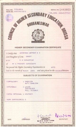 Higher Secondary Examination Certificate,Council of Higher Secondary Education, Orissa