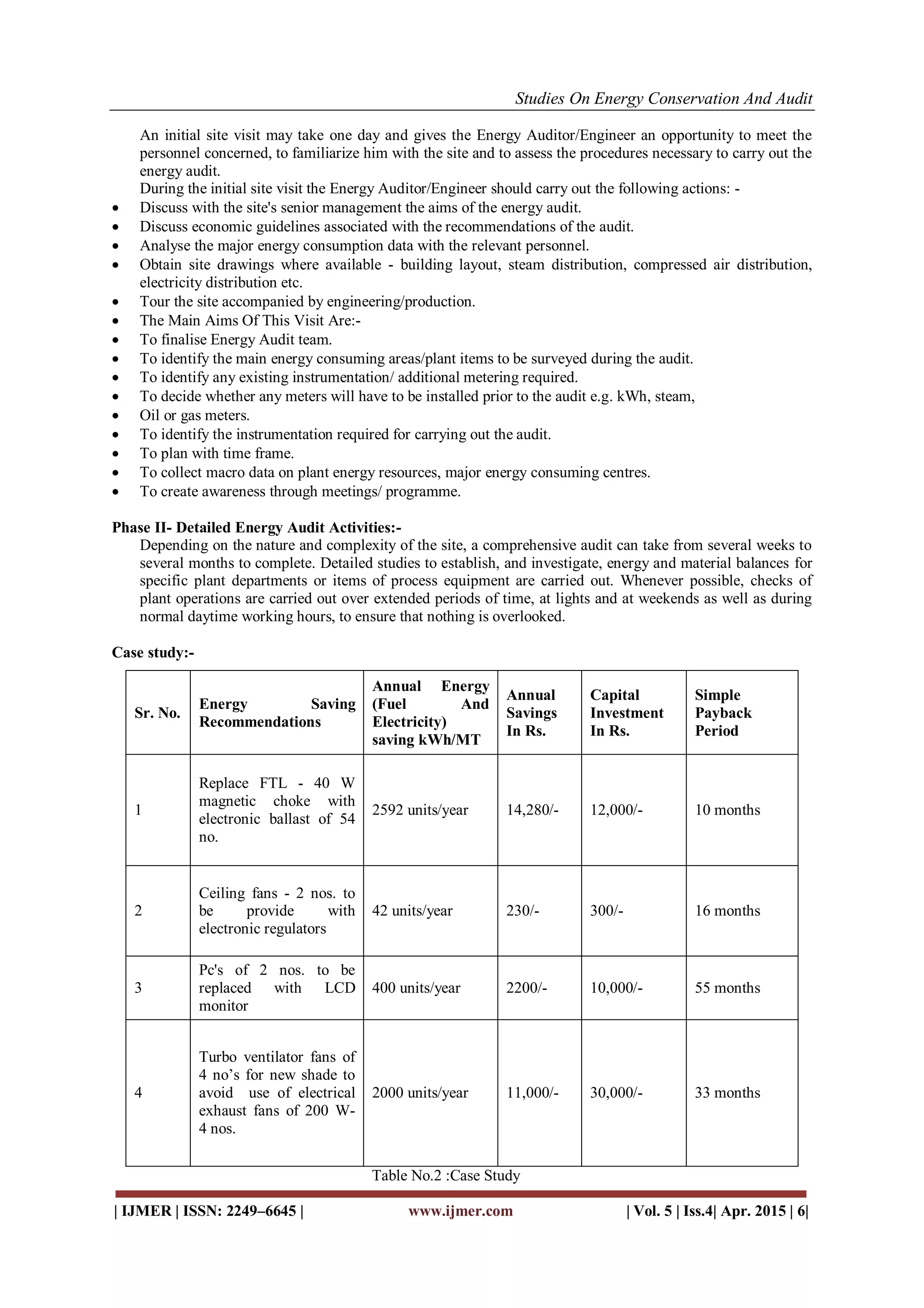 Studies On Energy Conservation And Audit
| IJMER | ISSN: 2249–6645 | www.ijmer.com | Vol. 5 | Iss.4| Apr. 2015 | 6|
An initial site visit may take one day and gives the Energy Auditor/Engineer an opportunity to meet the
personnel concerned, to familiarize him with the site and to assess the procedures necessary to carry out the
energy audit.
During the initial site visit the Energy Auditor/Engineer should carry out the following actions: -
 Discuss with the site's senior management the aims of the energy audit.
 Discuss economic guidelines associated with the recommendations of the audit.
 Analyse the major energy consumption data with the relevant personnel.
 Obtain site drawings where available - building layout, steam distribution, compressed air distribution,
electricity distribution etc.
 Tour the site accompanied by engineering/production.
 The Main Aims Of This Visit Are:-
 To finalise Energy Audit team.
 To identify the main energy consuming areas/plant items to be surveyed during the audit.
 To identify any existing instrumentation/ additional metering required.
 To decide whether any meters will have to be installed prior to the audit e.g. kWh, steam,
 Oil or gas meters.
 To identify the instrumentation required for carrying out the audit.
 To plan with time frame.
 To collect macro data on plant energy resources, major energy consuming centres.
 To create awareness through meetings/ programme.
Phase II- Detailed Energy Audit Activities:-
Depending on the nature and complexity of the site, a comprehensive audit can take from several weeks to
several months to complete. Detailed studies to establish, and investigate, energy and material balances for
specific plant departments or items of process equipment are carried out. Whenever possible, checks of
plant operations are carried out over extended periods of time, at lights and at weekends as well as during
normal daytime working hours, to ensure that nothing is overlooked.
Case study:-
Table No.2 :Case Study
Sr. No.
Energy Saving
Recommendations
Annual Energy
(Fuel And
Electricity)
saving kWh/MT
Annual
Savings
In Rs.
Capital
Investment
In Rs.
Simple
Payback
Period
1
Replace FTL - 40 W
magnetic choke with
electronic ballast of 54
no.
2592 units/year 14,280/- 12,000/- 10 months
2
Ceiling fans - 2 nos. to
be provide with
electronic regulators
42 units/year 230/- 300/- 16 months
3
Pc's of 2 nos. to be
replaced with LCD
monitor
400 units/year 2200/- 10,000/- 55 months
4
Turbo ventilator fans of
4 no’s for new shade to
avoid use of electrical
exhaust fans of 200 W-
4 nos.
2000 units/year 11,000/- 30,000/- 33 months
 