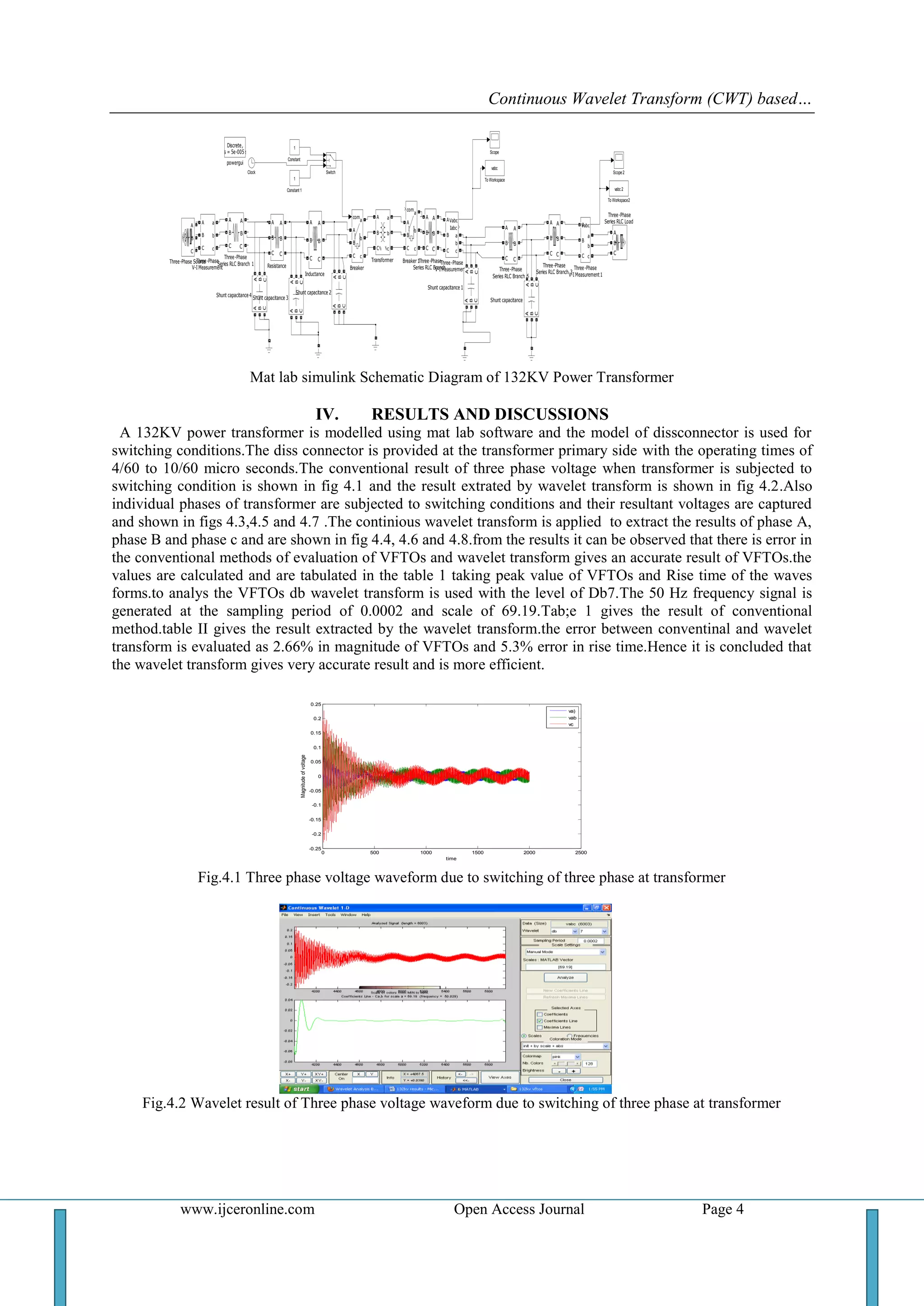 Continuous Wavelet Transform (CWT) based…
www.ijceronline.com Open Access Journal Page 4
powergui
Discrete,
Ts = 5e-005 s
Transformer
A
B
C
a
b
c
To Workspace2
vabc 2
To Workspace
vabc
Three-Phase Source
A
B
C
Three-Phase
V-I Measurement2
Vabc
Iabc
A
B
C
a
b
c
Three-Phase
V-I Measurement1
VabcA
B
C
a
b
c
Three-Phase
V-I Measurement
A
B
C
a
b
c
Three-Phase
Series RLC Load
A
B
C
Three-Phase
Series RLC Branch 6
A
B
C
A
B
C
Three-Phase
Series RLC Branch 3
A
B
C
A
B
C
Three-Phase
Series RLC Branch 1
A
B
C
A
B
C
Three-Phase
Series RLC Branch
A
B
C
A
B
C
Switch
Shunt capacitance4
A
B
C
A
B
C
Shunt capacitance 3
A
B
C
A
B
C
Shunt capacitance 2
A
B
C
A
B
C
Shunt capacitance 1
A
B
C
A
B
C
Shunt capacitance
A
B
C
A
B
C
Scope2
Scope
Resistance
A
B
C
A
B
C
Inductance
A
B
C
A
B
C
Constant 1
1
Constant
1
Clock
Breaker 1
com
A
B
C
a
b
c
Breaker
com
A
B
C
a
b
c
Mat lab simulink Schematic Diagram of 132KV Power Transformer
IV. RESULTS AND DISCUSSIONS
A 132KV power transformer is modelled using mat lab software and the model of dissconnector is used for
switching conditions.The diss connector is provided at the transformer primary side with the operating times of
4/60 to 10/60 micro seconds.The conventional result of three phase voltage when transformer is subjected to
switching condition is shown in fig 4.1 and the result extrated by wavelet transform is shown in fig 4.2.Also
individual phases of transformer are subjected to switching conditions and their resultant voltages are captured
and shown in figs 4.3,4.5 and 4.7 .The continious wavelet transform is applied to extract the results of phase A,
phase B and phase c and are shown in fig 4.4, 4.6 and 4.8.from the results it can be observed that there is error in
the conventional methods of evaluation of VFTOs and wavelet transform gives an accurate result of VFTOs.the
values are calculated and are tabulated in the table 1 taking peak value of VFTOs and Rise time of the waves
forms.to analys the VFTOs db wavelet transform is used with the level of Db7.The 50 Hz frequency signal is
generated at the sampling period of 0.0002 and scale of 69.19.Tab;e 1 gives the result of conventional
method.table II gives the result extracted by the wavelet transform.the error between conventinal and wavelet
transform is evaluated as 2.66% in magnitude of VFTOs and 5.3% error in rise time.Hence it is concluded that
the wavelet transform gives very accurate result and is more efficient.
0 500 1000 1500 2000 2500
-0.25
-0.2
-0.15
-0.1
-0.05
0
0.05
0.1
0.15
0.2
0.25
time
Magnitudeofvoltage
va)
vab
vc
Fig.4.1 Three phase voltage waveform due to switching of three phase at transformer
Fig.4.2 Wavelet result of Three phase voltage waveform due to switching of three phase at transformer
 