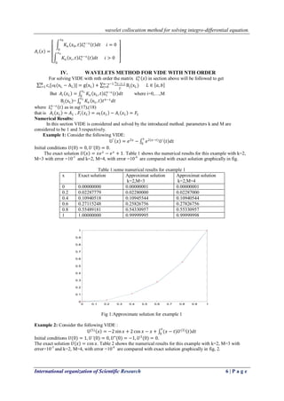 wavelet collocation method for solving integro-differential equation.
International organization of Scientific Research 6 | P a g e
𝐴𝑖 𝑥 =
𝐾𝑛 𝑥0, 𝑡 𝐿𝑖
𝑛−𝑠
𝑡 𝑑𝑡 𝑖 = 0
𝑥0
0
𝐾𝑛 𝑥𝑖, 𝑡 𝐿𝑖
𝑛−𝑠
𝑡 𝑑𝑡 𝑖 > 0
𝑥 𝑛
0
IV. WAVELETS METHOD FOR VIDE WITH NTH ORDER
For solving VIDE with mth order the matrix 𝐿𝑖
𝑛
𝑥 in section above will be followed to get
ci[i(xL
M
i=1 − AL)] = g xL +
an−s−j
j!
Bj(xL)n−s−1
j=0 𝐿 ∈ 𝑎, 𝑏
But 𝐴𝑖 𝑥 𝐿 = 𝐾𝑛 xL, 𝑡 𝐿𝑖
𝑛−𝑠
𝑡 𝑑𝑡
𝑥 𝐿
0
where i=0,…,M
Bj(xL)= 𝐾𝑛 xL, 𝑡 𝑡 𝑛−𝑠
𝑑𝑡
𝑥 𝐿
0
where 𝐿𝑖
𝑛−𝑠
𝑡 as in eq(17),(18)
that is 𝐴𝑖 𝑥 𝐿 = 𝐴 𝐿 , 𝐹𝑖 𝑥 𝐿 = 𝑖 𝑥 𝐿 − 𝐴𝑖 𝑥 𝐿 = 𝐹𝐿
Numerical Results:
In this section VIDE is considered and solved by the introduced method. parameters k and M are
considered to be 1 and 3 respectively.
Example 1: Consider the following VIDE:
U′′
𝑥 = 𝑒2𝑥
− 𝑒2(𝑥−𝑡)
𝑈′
𝑡 𝑑𝑡
𝑥
0
Initial conditions 𝑈(0) = 0, 𝑈’(0) = 0.
The exact solution 𝑈 𝑥 = 𝑥𝑒 𝑥
− 𝑒 𝑥
+ 1. Table 1 shows the numerical results for this example with k=2,
M=3 with error =10-3
and k=2, M=4, with error =10-4
are compared with exact solution graphically in fig.
Table 1:some numerical results for example 1
x Exact solution Approximat solution
k=2,M=3
Approximat solution
k=2,M=4
0 0.00000000 0.00000001 0.00000001
0.2 0.02287779 0.02280000 0.02287000
0.4 0.10940518 0.10945544 0.10940544
0.6 0.27115248 0.25826756 0.27826756
0.8 0.55489181 0.54330957 0.55330957
1 1.00000000 0.99999995 0.99999998
Fig 1:Approximate solution for example 1
Example 2: Consider the following VIDE :
U(5)
𝑥 = −2 sin 𝑥 + 2 cos 𝑥 − 𝑥 + (𝑥 − 𝑡)𝑈(3)
𝑡 𝑑𝑡
𝑥
0
Initial conditions 𝑈(0) = 1, 𝑈’(0) = 0, 𝑈"(0) = −1, 𝑈3
(0) = 0.
The exact solution 𝑈 𝑥 = cos 𝑥. Table 2 shows the numerical results for this example with k=2, M=3 with
error=10-3
and k=2, M=4, with error =10-4
are compared with exact solution graphically in fig, 2.
0 0.1 0.2 0.3 0.4 0.5 0.6 0.7 0.8 0.9 1
0
0.1
0.2
0.3
0.4
0.5
0.6
0.7
0.8
0.9
1
 