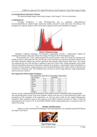 A Different Approach For Spatial Prediction And Transform Using Video Image Coding

F) COLOR IMAGE OR GRAY IMAGE
      The input and output image it may be gray image or color image it’ s for our convenience.

G) HISOGRAM
         An image histogram is a type of histogram that acts as a graphical representation of
the tonal distribution in a digital image. It plots the number of pixels for each tonal value. By looking at the
histogram for a specific image a viewer will be able to judge the entire tonal distribution at a glance.




                                            Figure4: Histogram Image
      Histogram modeling techniques (e.g. histogram equalization) provide a sophisticated method for
modifying the dynamic range and contrast of an image. The Figure7 shows the histogram image.
        The horizontal axis of the graph represents the tonal variations, while the vertical axis represents the
number of pixels in that particular tone. The left side of the horizontal axis represents the black and dark areas,
the middle represents medium grey and the right hand side represents light and pure white areas. The vertical
axis represents the size of the area that is captured in each one of these zones. Image histograms can be useful
tools for thresholding. Because the information contained in the graph is a representation of pixel distribution as
a function of tonal variation, image histograms can be analyzed for peaks and/or valleys which can then be used
to determine a threshold value. This threshold value can then be used for edge detection, image segmentation,
and co-occurrence matrices.
H) Comparision With Existing Techniques :
                        The comparision of the DCT to the output image table 2
                               Bit savings%                  PSNR(db)
                               Books              42         38          34
                               Watch              5.0        6.4         3.2
                               Pen                4.1        9.5         3.8
                               Mobile             8.4        8.7         7.5
                               Flower             11.2       6.5         9.7
                               Car                9.5        4.3         1.8
                               Bus                2.3        9.6         7.5
                               Glasses            7.4        5.6         8.5
We have, in fact, established that the performance of the integer versions is generally hardly distinguishable
from the floating-point version of the same transform. Hence, from now on, to avoid unnecessary clutter in the
presentation of the remainder of the experiments, we will only show results for the original floating-point
transforms. More simulation results of test sequences at the QCIF resolution are shown in Table 2, where the
operating points are chosen as 42, 38, and 34 dB of PSNR, and the coding performance is evaluated in terms of
relative bit savings.

                                    V.     Results And Discussion
         Outputs are above mentioned SVD(Singular Value Decomposition was simulated using MATLAB and
the output is also shown




                                              Figure5:Input image
                                              www.iosrjournals.org                                         5 | Page
 