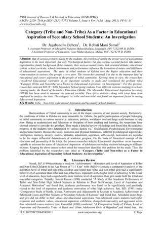 Category (Tribe and Non-Tribe) As a Factor in Educational Aspiration of ...