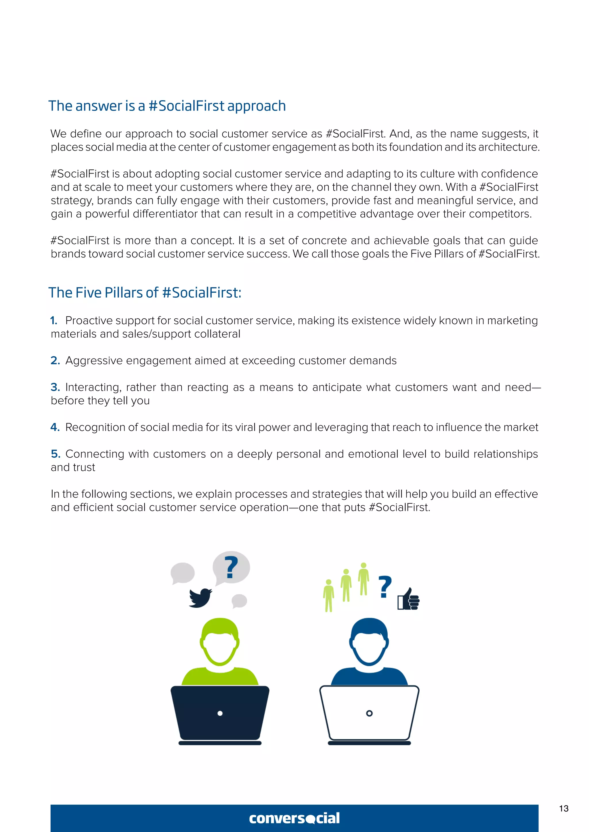 The answer is a #SocialFirst approach
We define our approach to social customer service as #SocialFirst. And, as the name suggests, it
places social media at the center of customer engagement as both its foundation and its architecture.
#SocialFirst is about adopting social customer service and adapting to its culture with confidence
and at scale to meet your customers where they are, on the channel they own. With a #SocialFirst
strategy, brands can fully engage with their customers, provide fast and meaningful service, and
gain a powerful differentiator that can result in a competitive advantage over their competitors.
#SocialFirst is more than a concept. It is a set of concrete and achievable goals that can guide
brands toward social customer service success. We call those goals the Five Pillars of #SocialFirst.
The Five Pillars of #SocialFirst:
1.	 Proactive support for social customer service, making its existence widely known in marketing
materials and sales/support collateral
2.	 Aggressive engagement aimed at exceeding customer demands
3.	Interacting, rather than reacting as a means to anticipate what customers want and need—
before they tell you
4.	 Recognition of social media for its viral power and leveraging that reach to influence the market
5.	Connecting with customers on a deeply personal and emotional level to build relationships
and trust
In the following sections, we explain processes and strategies that will help you build an effective
and efficient social customer service operation—one that puts #SocialFirst.
13
 