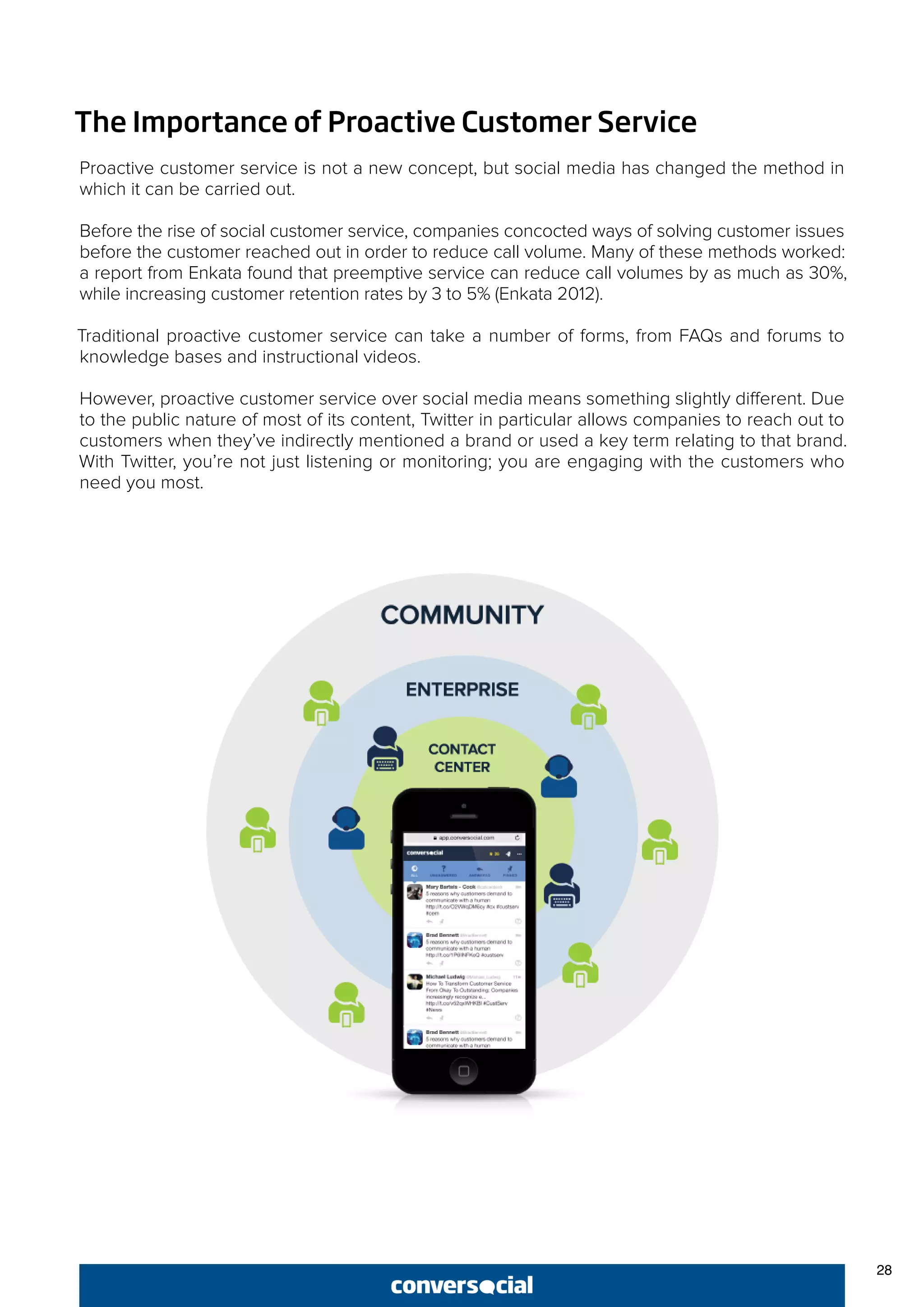 28
The Importance of Proactive Customer Service
Proactive customer service is not a new concept, but social media has changed the method in
which it can be carried out.
Before the rise of social customer service, companies concocted ways of solving customer issues
before the customer reached out in order to reduce call volume. Many of these methods worked:
a report from Enkata found that preemptive service can reduce call volumes by as much as 30%,
while increasing customer retention rates by 3 to 5% (Enkata 2012).
Traditional proactive customer service can take a number of forms, from FAQs and forums to
knowledge bases and instructional videos.
However, proactive customer service over social media means something slightly different. Due
to the public nature of most of its content, Twitter in particular allows companies to reach out to
customers when they’ve indirectly mentioned a brand or used a key term relating to that brand.
With Twitter, you’re not just listening or monitoring; you are engaging with the customers who
need you most.
 