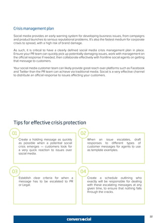 22
Crisis management plan
Social media provides an early warning system for developing business issues, from campaigns
and product launches to serious reputational problems. It’s also the fastest medium for corporate
crises to spread, with a high risk of brand damage.
As such, it is critical to have a clearly defined social media crisis management plan in place.
Ensure your PR team can quickly pick up potentially damaging issues, work with management on
the official response if needed, then collaborate effectively with frontline social agents on getting
that message to customers.
Your social media customer team can likely provide great reach over platforms such as Facebook
and Twitter than the PR team can achieve via traditional media. Social is a very effective channel
to distribute an official response to issues affecting your customers.
Tips for effective crisis protection
Create a holding message as quickly
as possible when a potential social
crisis emerges — customers look for
a very quick reaction to issues over
social media.
When an issue escalates, draft
responses to different types of
customer messages for agents to use
as template examples.
01 02
Establish clear criteria for when a
message has to be escalated to PR
or Legal.
Create a schedule outlining who
exactly will be responsible for dealing
with these escalating messages at any
given time, to ensure that nothing falls
through the cracks.
03 04
 