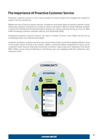 28
The Importance of Proactive Customer Service
Proactive customer service is not a new concept, but social media has changed the method in
which it can be carried out.
Before the rise of social customer service, companies concocted ways of solving customer issues
before the customer reached out in order to reduce call volume. Many of these methods worked:
a report from Enkata found that preemptive service can reduce call volumes by as much as 30%,
while increasing customer retention rates by 3 to 5% (Enkata 2012).
Traditional proactive customer service can take a number of forms, from FAQs and forums to
knowledge bases and instructional videos.
However, proactive customer service over social media means something slightly different. Due
to the public nature of most of its content, Twitter in particular allows companies to reach out to
customers when they’ve indirectly mentioned a brand or used a key term relating to that brand.
With Twitter, you’re not just listening or monitoring; you are engaging with the customers who
need you most.
 