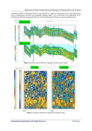 Application of Cloud Transformation Technology in Predicting Reservoir Property
International organization of Scientific Research 3 | P a g e
area has good effect in distinguish between sand and shale; (2) carry out with gamma curve as the characteristic
curve of geostatistics inversion, get reasonable lithology body[6]
; (3) on the basis of he application of co-
simulation in lithology and porosity bodies by cloud transformation relations, we get reasonable porosity.
Figure 4. porosity section and wave impedance section contrast figure.
Figure 5. sandstone distribution and porosity prediction map.
 