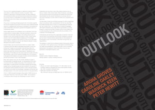 OUTLOOK
OUTLOOK
OUTLOOKOUTLOOK
OUTLOOKOUTLOUTLO
OUTLOOK
OUTLOOK OUTLOOK
OUTLOOK OUTLOOK
OUTLO
OK
OUTLOOKOUTLOOK
O
OUTLOOK
OOK
OUTLOO
OUOOK
OUTLOOK
OUTLOOK OUTLOOK AROHA GROVES
OUTLOOK CAROLINE OAKLEY
WARWICK KEEN
PETER HEWITT
Cnr Kembla & Burelli streets Wollongong
phone 02 4228 7500 fax 02 4226 5530
email gallery@wollongong.nsw.gov.au
web www.wollongongcitygallery.com
open Tuesday to Friday 10am - 5pm
weekends 12noon - 4pm
Wollongong City Gallery is a service of Wollongong City Council and receives assistance from the NSW Government through Arts NSW.
WCC©1246374.12.10
OUTLOOK
The icon of the ‘traditional aborigine' as depicted in Warwick Keen's
work exists in a distinct historical moment in Australia. These
‘traditional’ stereotypes of Aboriginal Australia are being challenged
and subverted by artists such as Aroha Groves whose work involves a
21st century hands-on manipulation of images in real time to produce
artworks informed by the media, communications and information
technologies.
The process of depicting Aboriginal people and communities originally
from across Australia who are part of the south coast of NSW Aboriginal
culture is a challenge artist Aroha groves undertakes in stimulating and
unique presentations that take for granted that Aboriginal culture is a
contemporary culture.
Aroha’s digital artworks and installations are an exploration more than
a enhancement of surface effects; informed by textures, colours and
patterns of the Australian landscape, the resulting artworks are an
example of new communication processes in action. Aroha’s recent
artwork in the 2010 Telstra National Indigenous Art Prize (highly
commended) is hopefully the first instance of many south coast NSW
artists initiating a dialogue across the vast distances between modern
Aboriginal communities in Australia.
Caroline Oakley uses the natural environment as a subject matter
to produce prints that reflect an Aboriginal appreciation of the local
environment. Fragile and handcrafted, these etchings reflect the
textures of the subjects represented - grass, seeds, plants and the
insects that make their homes in these spaces. Classification and
interpretation of the differences that exist in plant and smaller animal life
was obviously a part of local cultural knowledge due to the frequency
of Aboriginal words relating to the types of insects and their distribution
that are documented in south coast languages.
Many native species were until very recently identified as pests to
be exterminated; ecologically though, an understanding of the wider
connections that the smallest animal plays in the biodiversity of the
entire region is in itself symbolic of the recent changes that are being
experienced by Aboriginal people and demonstrated in the growth of
the Aboriginal cultural industries that allows modern Aboriginal people
to rediscover and reclaim the knowledges, languages and histories that
Aboriginal people on the south coast have known for many generations.
Of the 11 NSW Aboriginal languages being taught in NSW schools as
of this year2 three are on the south coast of NSW. The importance
of reclaiming culture through use of language is crucial to cultural
maintenance and can inform many other artistic practices such as
dance or theatre. Peter James Hewitt, titling his abstract compositions
with the phrases spoken among friends that inspired their production,
demonstrates how this cultural maintenance is a process that can
document a language, but also create an entirely new vocabulary at the
same time.
The Wadi Wadi, Dharga and Dharawal languages are ethno-linguistically
distinct and perhaps artistic representations can be more valid than
the English language when it comes to conceptualising the meaning
and use of these words. The hybridization of traditional languages
with English developed many locally distinct appropriations of words,
phrases or names and the titles of Hewitt’s works in this exhibition are
a visually appealing as well as historically valid documentation of the
vocabulary of his teenage years.
Understanding and learning how to appreciate an element of the local
cultural history of the landscape that has been mediated by paintings
such as those of Hewitt presents opportunities for other speakers of
the language to add to the transfer of information through their own
interpretations.
This exhibition of recent work by Illawarra based contemporary artists is
a continuation of the regional surveys of Aboriginal art that Wollongong
City Gallery has developed for nearly fifteen years, and is an exciting
development in Aboriginal art history that will be of use for many
generations of Aboriginal people to come.
Matt Poll
Assistant Curator, Indigenous Heritage
Macleay Museum | Sydney University Museums   
Endnotes
1 	Illawarra and South Coast Aborigines 1770-1900. Report for the
Australian Institute of Aboriginal and Torres Strait Islander Studies,
Dec.1993. Compiled by Michael Organ.
2 	NSW Dept. Education and Training
	 http://www.alrrc.nsw.gov.au/default.aspx?nav_id=19&child_id=22
 