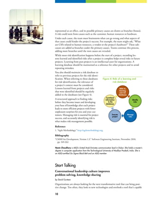 10
represented as an effect, and its possible primary causes are drawn as branches (bones).
A risk could stem from causes such as the customer, human resources or hardware.
Under each cause, the team must brainstorm what can go wrong and what aspects of
that cause could hinder the project’s success. For example, the team might ask, “What
are CSFs related to human resources, a vendor or the project’s hardware?” These sub-
causes are added as branches under the primary causes. Teams continue this process,
adding more branches until the root causes are revealed.
While most risk identification happens before the start of a project, recording les-
sons learned and identified risks after a project is complete helps reveal risks in future
projects. Learning from past projects is an intellectual asset for organizations. A
learning database should be maintained as a reference for other projects and to avoid
repeating mistakes.
You also should maintain a risk database to
refer to previous projects for the risk identi-
fication. When referring to these databases
for risk identification, the relevance of
a project’s context must be considered.
Lessons learned from projects and risks
that were identified should be regularly
added to the databases (see Figure 4).
A structured approach to finding risks
before they become issues and developing
your base of knowledge after each project
leads to more efficient projects with fewer
unpleasant surprises for you and your cus-
tomers. Managing risk is essential for project
success, and accurately identifying risk is
what makes risk management possible.
Reference
1.	“Agile Methodology,” http://agilemethodology.org.
Bibliography
“CMMI for Development, Version 1.3,” Software Engineering Institute, November 2010,
pp. 349-262.
Neetu Choudhary is ASQ’s United Arab Emirates communication lead in Dubai. She holds a master’s
degree in computer application from the Technological University of Madhya Pradesh, India. She is
an ASQ-certified Six Sigma Black Belt and an ASQ member.
Start Talking
Conversational leadership culture improves
problem solving, knowledge sharing
by David Gurteen
Organizations are always looking for the next transformative tool that can bring posi-
tive change. Too often, they look to new technologies and overlook a tool that’s capable
Refer to
learning
and risk
databases
Identify
risks
Manage
risks
Execute
project
Contribute
information
to the
databases
Figure 4: Role of a learning and
risk database
 