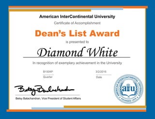 American InterContinental University
Certificate of Accomplishment
Dean’s List Award
is presented to
In recognition of exemplary achievement in the University
Diamond White
Betsy Balachandran, Vice President of Student Affairs
B1504P
Quarter
3/2/2016
Date
 