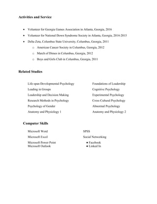Activities and Service
• Volunteer for Georgia Games Association in Atlanta, Georgia, 2016
• Volunteer for National Down Syndrome Society in Atlanta, Georgia, 2014-2015
• Delta Zeta, Columbus State University, Columbus, Georgia, 2011
o American Cancer Society in Columbus, Georgia, 2012
o March of Dimes in Columbus, Georgia, 2012
o Boys and Girls Club in Columbus, Georgia, 2011
Related Studies
Life-span Developmental Psychology Foundations of Leadership
Leading in Groups Cognitive Psychology
Leadership and Decision Making Experimental Psychology
Research Methods in Psychology Cross Cultural Psychology
Psychology of Gender Abnormal Psychology
Anatomy and Physiology 1 Anatomy and Physiology 2
Computer Skills
Microsoft Word SPSS
Microsoft Excel Social Networking
Microsoft Power Point ● Facebook
Microsoft Outlook ● Linked In
 
