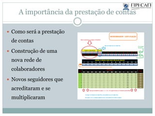 A importância da prestação de contas
 Como será a prestação
de contas
 Construção de uma
nova rede de
colaboradores
 Novos seguidores que
acreditaram e se
multiplicaram
 