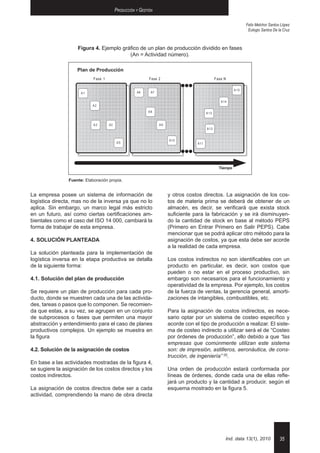 Producción y Gestión

                                                                                                                    Felix Melchor Santos López
                                                                                                                     Eulogio Santos De la Cruz



                    Figura 4. Ejemplo gráfico de un plan de producción dividido en fases
                                         (An = Actividad número).

                    Plan de Producción
                            Fase 1                          Fase 2                                Fase N

                                                                                                             A 15
                      A1                             A6      A7

                                                                                                     A 14
                            A2
                                                           A8                              A 13


                            A2       A3                           A9
                                                                                           A 12


                                                                       A1 0
                                           A5                                       A1 1




                                                                                                    Tiempo


                Fuente: Elaboración propia.


La empresa posee un sistema de información de                          y otros costos directos. La asignación de los cos-
logística directa, mas no de la inversa ya que no lo                   tos de materia prima se deberá de obtener de un
aplica. Sin embargo, un marco legal más estricto                       almacén, es decir, se verificará que exista stock
en un futuro, así como ciertas certificaciones am-                     suficiente para la fabricación y se irá disminuyen-
bientales como el caso del ISO 14 000, cambiará la                     do la cantidad de stock en base al método PEPS
forma de trabajar de esta empresa.                                     (Primero en Entrar Primero en Salir PEPS). Cabe
                                                                       mencionar que se podrá aplicar otro método para la
4. SOLUCIÓN PLANTEADA                                                  asignación de costos, ya que esta debe ser acorde
                                                                       a la realidad de cada empresa.
La solución planteada para la implementación de
logística inversa en la etapa productiva se detalla                    Los costos indirectos no son identificables con un
de la siguiente forma:                                                 producto en particular, es decir, son costos que
                                                                       pueden o no estar en el proceso productivo, sin
4.1. Solución del plan de producción                                   embargo son necesarios para el funcionamiento y
                                                                       operatividad de la empresa. Por ejemplo, los costos
Se requiere un plan de producción para cada pro-                       de la fuerza de ventas, la gerencia general, amorti-
ducto, donde se muestren cada una de las activida-                     zaciones de intangibles, combustibles, etc.
des, tareas o pasos que lo componen. Se recomien-
da que estas, a su vez, se agrupen en un conjunto                      Para la asignación de costos indirectos, es nece-
de subprocesos o fases que permiten una mayor                          sario optar por un sistema de costeo específico y
abstracción y entendimiento para el caso de planes                     acorde con el tipo de producción a realizar. El siste-
productivos complejos. Un ejemplo se muestra en                        ma de costeo indirecto a utilizar será el de “Costeo
la figura                                                              por órdenes de producción”, ello debido a que “las
                                                                       empresas que comúnmente utilizan este sistema
4.2. Solución de la asignación de costos                               son: de impresión, astilleros, aeronáutica, de cons-
                                                                       trucción, de ingeniería” [5].
En base a las actividades mostradas de la figura 4,
se sugiere la asignación de los costos directos y los                  Una orden de producción estará conformada por
costos indirectos.                                                     líneas de órdenes, donde cada una de ellas refle-
                                                                       jará un producto y la cantidad a producir, según el
La asignación de costos directos debe ser a cada                       esquema mostrado en la figura 5.
actividad, comprendiendo la mano de obra directa




                                                                                                        Ind. data 13(1), 2010          35
 