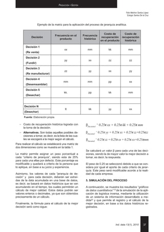 Producción y Gestión

                                                                                                    Felix Melchor Santos López
                                                                                                     Eulogio Santos De la Cruz



                   Ejemplo de la matriz para la aplicación del proceso de jerarquía analítica.


                                                                                Costo de     Costo de
                                     Frecuencia en el         Frecuencia
             Decisión                                                         recuperación recuperación
                                        producto               histórica
                                                                             en el producto  histórica

        Decisión 1
                                            xx                   mm                 kk                mm
        (Re venta)
        Decisión 2
                                            yy                    xx                zz                 zz
        (Fundir)
        Decisión 3
                                            zz                    yy                xx                 yy
        (Re manufacturar)
        Decisión 4
                                           mm                    mm                 pp                 xx
        (Desemsamblar)
        Decisión 5
                                            kk.                   pp                kk                mm
        (Desechar)



       Decisión N
                                             tt                   kk                yy                 xx
       (Desechar)
       Fuente: Elaboración propia.

   -	Costo de recuperación histórica lograda con                βDecisión1 ≡ 0.25x xx + 0.25x kk + 0.25x mm
     la toma de la decisión.
   -	 Alternativas. Son todas aquellas posibles de-             βDecisión2 ≡ 0.25x yy + 0.25x xx + 0.25x zz+0.25xzz
      cisiones a tomar, es decir, es la lista de las cua-
      les se escogerá a la mejor según el cálculo.              βDecisión3 ≡ 0.25x zz + 0.25x xx + 0.25x xx+0.25xmm
Para realizar el cálculo se establecerá una matriz de
dos dimensiones como se muestra en la tabla 1.
                                                                Se calculará un valor β para cada una de las deci-
La matriz permite asignar un peso porcentual a                  siones, siendo la de mayor valor la mejor decisión a
cada “criterio de jerarquía”, siendo esta de 25%                tomar, es decir, la respuesta.
para cada una ellas por defecto. Este porcentaje es
modificable y quedará a criterio de la persona que              El peso de 0.25 se seleccionó debido a que se con-
lo aplique, en base a su juicio y experiencia.                  sidera por igual el aporte de cada criterio de jerar-
                                                                quía. Este peso será modificable acorde a la reali-
Asimismo, los valores de cada “jerarquía de de-                 dad de cada empresa.
cisión” y para cada decisión, deberán ser extraí-
das de la data acumulada en una base de datos,                  5. SIMULACIÓN DEL PROCESO
es decir, se basará en datos históricos que se van
acumulando en el tiempo, los cuales permitirán un               A continuación, se muestra los resultados “gráficos
cálculo de mejor calidad. Estos datos podrán ser                de datos cuantitativos” [7] de la simulación de la apli-
valores enteros o decimales, ya que son obtenidos               cación de logística inversa, mediante la utilización
precisamente de un cálculo.                                     de un sistema de información desarrollado a me-
                                                                dida[2] y que permite el registro y el cálculo de la
Finalmente, la fórmula para el cálculo de la mejor              mejor decisión, en base a los datos históricos re-
decisión será como sigue:                                       gistrados.




                                                                                          Ind. data 13(1), 2010        37
 