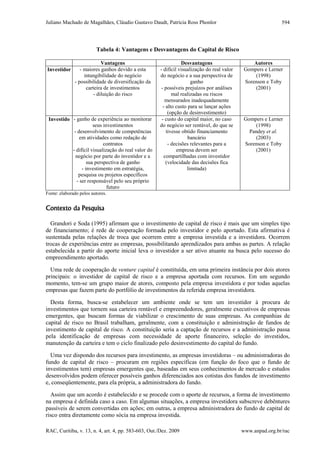 Juliano Machado de Magalhães, Cláudio Gustavo Daudt, Patrícia Ross Phonlor
RAC, Curitiba, v. 13, n. 4, art. 4, pp. 583-603, Out./Dez. 2009 www.anpad.org.br/rac
594
Tabela 4: Vantagens e Desvantagens do Capital de Risco
Vantagens Desvantagens Autores
Investidor - maiores ganhos devido a esta
intangibilidade do negócio
- possibilidade de diversificação da
carteira de investimentos
- diluição do risco
- difícil visualização do real valor
do negócio e a sua perspectiva de
ganho
- possíveis prejuízos por análises
mal realizadas ou riscos
mensurados inadequadamente
- alto custo para se lançar ações
(opção de desinvestimento)
Gompers e Lerner
(1998)
Sorenson e Toby
(2001)
Investido - ganho de experiência ao monitorar
seus investimentos
- desenvolvimento de competências
em atividades como redação de
contratos
- difícil visualização do real valor do
negócio por parte do investidor e a
sua perspectiva de ganho
- investimento em estratégia,
pesquisa ou projetos específicos
- ser responsável pelo seu próprio
futuro
- custo do capital maior, no caso
do negócio ser rentável, do que se
tivesse obtido financiamento
bancário
- decisões relevantes para a
empresa devem ser
compartilhadas com investidor
(velocidade das decisões fica
limitada)
Gompers e Lerner
(1998)
Pandey et al.
(2003)
Sorenson e Toby
(2001)
Fonte: elaborado pelos autores.
Contexto da Pesquisa
Grandori e Soda (1995) afirmam que o investimento de capital de risco é mais que um simples tipo
de financiamento; é rede de cooperação formada pelo investidor e pelo aportado. Esta afirmativa é
sustentada pelas relações de troca que ocorrem entre a empresa investida e a investidora. Ocorrem
trocas de experiências entre as empresas, possibilitando aprendizados para ambas as partes. A relação
estabelecida a partir do aporte inicial leva o investidor a ser ativo atuante na busca pelo sucesso do
empreendimento aportado.
Uma rede de cooperação de venture capital é constituída, em uma primeira instância por dois atores
principais: o investidor de capital de risco e a empresa aportada com recursos. Em um segundo
momento, tem-se um grupo maior de atores, composto pela empresa investidora e por todas aquelas
empresas que fazem parte do portfólio de investimentos da referida empresa investidora.
Desta forma, busca-se estabelecer um ambiente onde se tem um investidor à procura de
investimentos que tornem sua carteira rentável e empreendedores, geralmente executivos de empresas
emergentes, que buscam formas de viabilizar o crescimento de suas empresas. As companhias de
capital de risco no Brasil trabalham, geralmente, com a constituição e administração de fundos de
investimento de capital de risco. A constituição seria a captação de recursos e a administração passa
pela identificação de empresas com necessidade de aporte financeiro, seleção do investidos,
manutenção da carteira e tem o ciclo finalizado pelo desinvestimento do capital do fundo.
Uma vez dispondo dos recursos para investimento, as empresas investidoras – ou administradoras do
fundo de capital de risco – procuram em regiões específicas (em função do foco que o fundo de
investimentos tem) empresas emergentes que, baseadas em seus conhecimentos de mercado e estudos
desenvolvidos podem oferecer possíveis ganhos diferenciados aos cotistas dos fundos de investimento
e, conseqüentemente, para ela própria, a administradora do fundo.
Assim que um acordo é estabelecido e se procede com o aporte de recursos, a forma de investimento
na empresa é definida caso a caso. Em algumas situações, a empresa investidora subscreve debêntures
passíveis de serem convertidas em ações; em outras, a empresa administradora do fundo de capital de
risco entra diretamente como sócia na empresa investida.
 