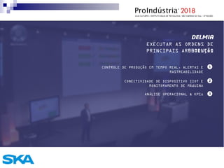 DELMIA
EXECUTAR AS ORDENS DE
PRODUÇÃO
CONTROLE DE PRODUÇÃO EM TEMPO REAL, ALERTAS E
RASTREABILIDADE
CONECTIVIDADE DE DISPOSITIVO IIOT E
MONITORAMENTO DE MÁQUINA
PRINCIPAIS ARGUMENTOS
ANÁLISE OPERACIONAL & KPIs
 