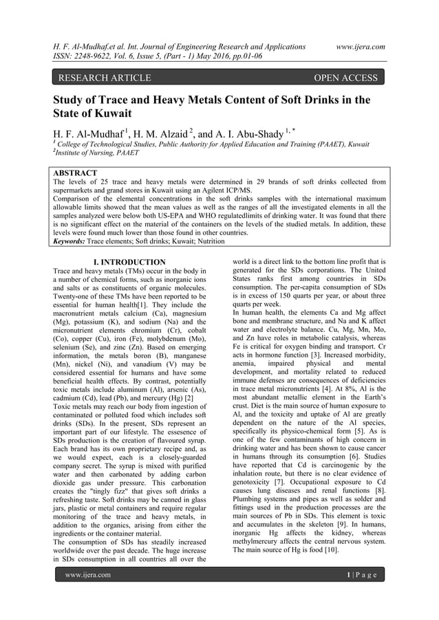 Study of Trace and Heavy Metals Content of Soft Drinks in the State of Kuwait PDF