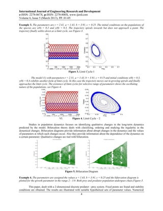 International Journal of Engineering Research and Development
e-ISSN: 2278-067X, p-ISSN: 2278-800X, www.ijerd.com
Volume 6, Issue 5 (March 2013), PP. 01-05

Example 3. The parameters are r = 2.41, a = 1.43, b = 3.91, c = 0.25. The initial conditions on the populations of
the species are x(0) = 0.2 and y(0) = 0.3. The trajectory spirals inwards but does not approach a point. The
trajectory finally settles down as a limit cycle, see Figure-3.




                                               Figure 3. Limit Cycle-1

            The model (1) with parameters r = 2.31, a = 1.43, b = 3.91, c = 0.15 and initial conditions x(0) = 0.3,
y(0) = 0.4 exhibits another form of limit cycle. In this case the trajectory moves out in growing spirals and finally
approaches the limit cycle. The existence of limit cycles for selective range of parameters shows the oscillating
nature of the populations, see Figure-4.




                                      VI.          Figure 4. Limit Cycle – 2

          Studies in population dynamics focuses on identifying qualitative changes in the long-term dynamics
predicted by the model. Bifurcation theory deals with classifying, ordering and studying the regularity in the
dynamical changes. Bifurcation diagrams provide information about abrupt changes in the dynamics and the values
of parameters at which such changes occur. Also they provide information about the dependence of the dynamics on
a certain parameter. Qualitative changes are tied with bifurcation.




                                            Figure 5. Bifurcation Diagram

Example 4. The parameters are assigned the values a = 1.43, b = 3.91, c = 0.25 and the bifurcation diagram is
plotted for the growth parameter in the range 2 - 3.9. Both prey and predator population undergoes chaos,Figure-5.

         This paper, dealt with a 2-dimensional discrete predator - prey system. Fixed points are found and stability
conditions are obtained. The results are illustrated with suitable hypothetical sets of parameter values. Numerical
                                                           4
 
