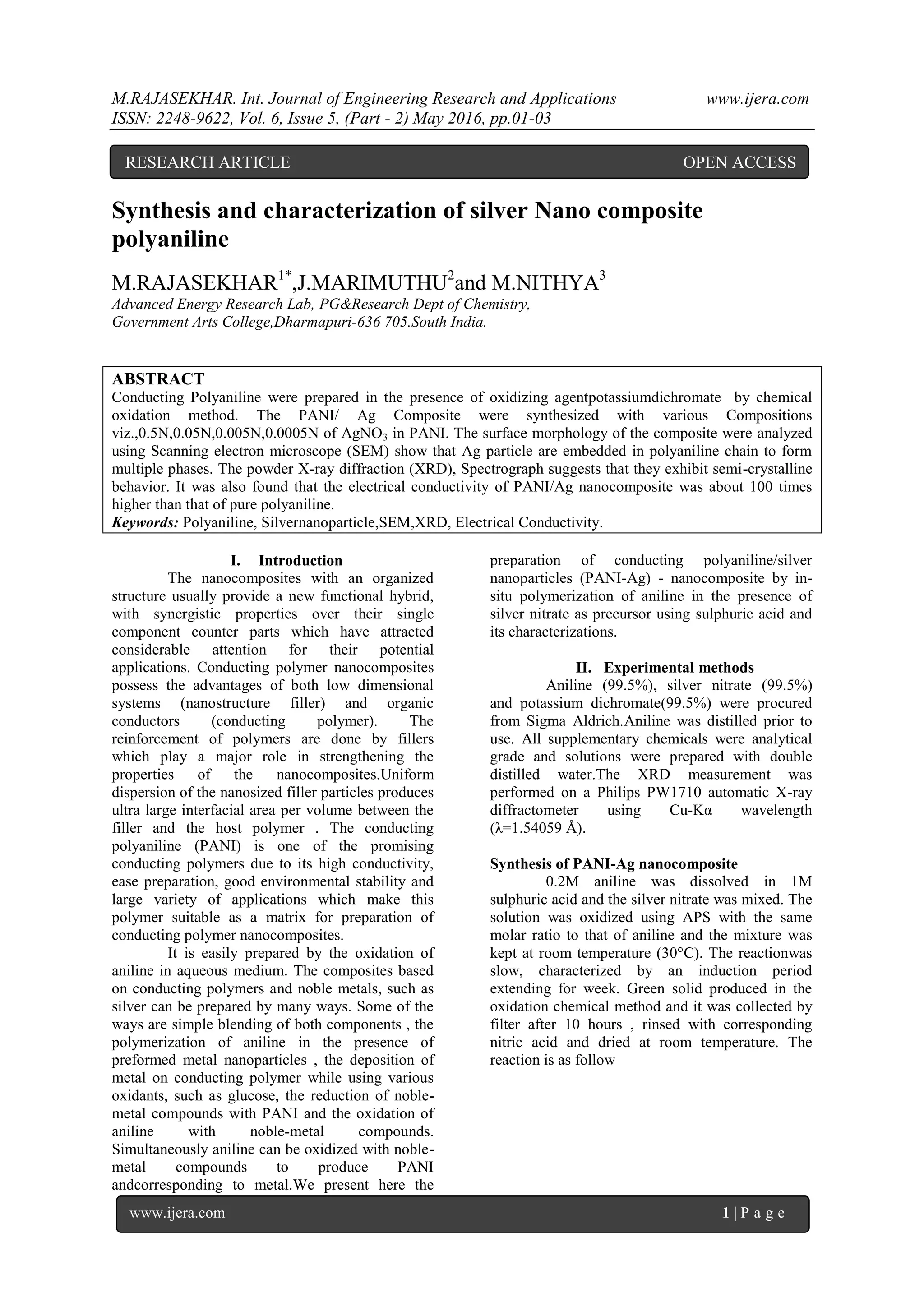 Synthesis and characterization of silver Nano composite polyaniline | PDF