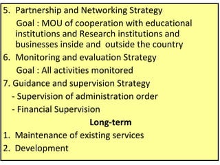 5. Partnership and Networking Strategy
Goal : MOU of cooperation with educational
institutions and Research institutions and
businesses inside and outside the country
6. Monitoring and evaluation Strategy
Goal : All activities monitored
7. Guidance and supervision Strategy
- Supervision of administration order
- Financial Supervision
Long-term
1. Maintenance of existing services
2. Development
 