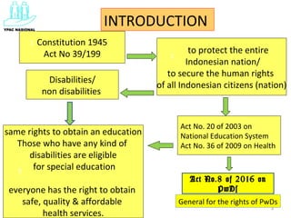 3
Constitution 1945
Act No 39/199 to protect the entire
Indonesian nation/
to secure the human rights
of all Indonesian citizens (nation)
same rights to obtain an education
Those who have any kind of
disabilities are eligible
for special education
everyone has the right to obtain
safe, quality & affordable
health services.
1
2
3
Disabilities/
non disabilities
Act No. 20 of 2003 on
National Education System
Act No. 36 of 2009 on Health
5
4
INTRODUCTION
Act No.8 of 2016 on
PwDs
General for the rights of PwDs
 