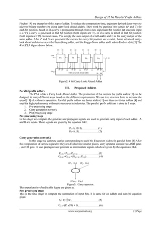 Design of 32 bit Parallel Prefix Adders
www.iosrjournals.org 2 | Page
Fischer[14] are examples of this type of adder. To reduce the computation time, engineers devised faster ways to
add two binary numbers by using carry-look ahead adders. They work by creating two signals (P and G) for
each bit position, based on if a carry is propagated through from a less significant bit position (at least one input
is a '1'), a carry is generated in that bit position (both inputs are '1'), or if a carry is killed in that bit position
(both inputs are '0'). In most cases, P is simply the sum output of a half-adder and G is the carry output of the
same adder. After P and G are generated the carries for every bit position are created. Some advanced carry-
look ahead architectures are the Brent-Kung adder, and the Kogge-Stone adder and Ladner-Fischer adder[5].The
4 bit CLA figure shown below.
Figure2: 4 bit Carry Look Ahead Adder
III. Proposed Adders
Parallel prefix adders
The PPA is like a Carry Look Ahead Adder. The production of the carriers the prefix adders [1] can be
designed in many different ways based on the different requirements. We use tree structure form to increase the
speed [13] of arithmetic operation. Parallel prefix adders are faster adders [1] and these are faster adders [4] and
used for high performance arithmetic structures in industries. The parallel prefix addition is done in 3 steps.
1. Pre-processing stage
2. Carry generation network
3. Post processing stage
Pre-processing stage
In this stage we compute, the generate and propagate signals are used to generate carry input of each adder. A
and B are inputs. These signals are given by the equation 1&2.
Pi=Ai Bi........................(1)
GI=Ai .Bi.............................(2)
Carry generation network]
In this stage we compute carries corresponding to each bit. Execution is done in parallel form [4].After
the computation of carries in parallel they are divided into smaller pieces. carry operator contain two AND gates
, one OR gate. It uses propagate and generate as intermediate signals which are given by the equations 3&4.
P(i:k) =P(i:j) . P(j-1:k)……………………….............(3)
G(i:k) =G(i:j) +(G(j-1:k) . P(i:j))…………………..(4)
Figure3: Carry operator.
The operations involved in this figure are given as.
Post processing stage
This is the final stage to compute the summation of input bits. it is same for all adders and sum bit equation
given
Si= Pi Ci………………………………………..(5)
Ci+1=(Pi .C0) + Gi………………………………(6)
 