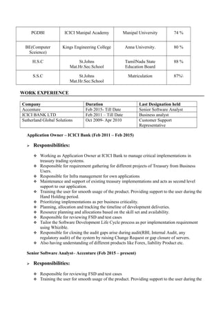 PGDBI ICICI Manipal Academy Manipal University 74 %
BE(Computer
Sceience)
Kings Engineering College Anna University. 80 %
H.S.C St.Johns
Mat.Hr.Sec.School
TamilNadu State
Education Board
88 %
S.S.C St.Johns
Mat.Hr.Sec.School
Matriculation 87%
WORK EXPERIENCE
Company Duration Last Designation held
Accenture Feb 2015- Till Date Senior Software Analyst
ICICI BANK LTD Feb 2011 – Till Date Business analyst
Sutherland Global Solutions Oct 2009- Apr 2010 Customer Support
Representative
Application Owner – ICICI Bank (Feb 2011 – Feb 2015)
 Responsibilities:
 Working as Application Owner at ICICI Bank to manage critical implementations in
treasury trading systems.
 Responsible for requirement gathering for different projects of Treasury from Business
Users.
 Responsible for Infra management for own applications
 Maintenance and support of existing treasury implementations and acts as second level
support to our application.
 Training the user for smooth usage of the product. Providing support to the user during the
Hand Holding period.
 Prioritizing implementations as per business criticality.
 Planning, allocation and tracking the timeline of development deliveries.
 Resource planning and allocations based on the skill set and availability.
 Responsible for reviewing FSD and test cases
 Tailor the Software Development Life Cycle process as per implementation requirement
using Whizible.
 Responsible for closing the audit gaps arise during audit(RBI, Internal Audit, any
regulatory audit) of the system by raising Change Request or gap closure of servers.
 Also having understanding of different products like Forex, liability Product etc.
Senior Software Analyst– Accenture (Feb 2015 – present)
 Responsibilities:
 Responsible for reviewing FSD and test cases
 Training the user for smooth usage of the product. Providing support to the user during the
 