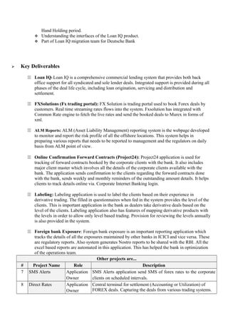Hand Holding period.
 Understanding the interfaces of the Loan IQ product.
 Part of Loan IQ migration team for Deutsche Bank
 Key Deliverables
11 Loan IQ: Loan IQ is a comprehensive commercial lending system that provides both back
office support for all syndicated and sole lender deals. Integrated support is provided during all
phases of the deal life cycle, including loan origination, servicing and distribution and
settlement.
11 FXSolutions (Fx trading portal): FX Solution is trading portal used to book Forex deals by
customers. Real time streaming rates flows into the system. Fxsolution has integrated with
Common Rate engine to fetch the live rates and send the booked deals to Murex in forms of
xml.
11 ALM Reports: ALM (Asset Liability Management) reporting system is the webpage developed
to monitor and report the risk profile of all the offshore locations. This system helps in
preparing various reports that needs to be reported to management and the regulators on daily
basis from ALM point of view.
11 Online Confirmation Forward Contracts (Project24): Project24 application is used for
tracking of forward contracts booked by the corporate clients with the bank. It also includes
major client master which involves all the details of the corporate clients available with the
bank. The application sends confirmation to the clients regarding the forward contracts done
with the bank, sends weekly and monthly reminders of the outstanding amount details. It helps
clients to track details online via. Corporate Internet Banking login.
11 Labeling: Labeling application is used to label the clients based on their experience in
derivative trading. The filled in questionnaires when fed in the system provides the level of the
clients. This is important application in the bank as dealers take derivative deals based on the
level of the clients. Labeling application also has features of mapping derivative products with
the levels in order to allow only level based trading. Provision for reviewing the levels annually
is also provided in the system.
11 Foreign bank Exposure: Foreign bank exposure is an important reporting application which
tracks the details of all the exposures maintained by other banks in ICICI and vice versa. These
are regulatory reports. Also system generates Nostro reports to be shared with the RBI. All the
excel based reports are automated in this application. This has helped the bank in optimization
of the operations team.
Other projects are...
# Project Name Role Description
7 SMS Alerts Application
Owner
SMS Alerts application send SMS of forex rates to the corporate
clients on scheduled intervals.
8 Direct Rates Application
Owner
Central terminal for settlement (Accounting or Utilization) of
FOREX deals. Capturing the deals from various trading systems.
 