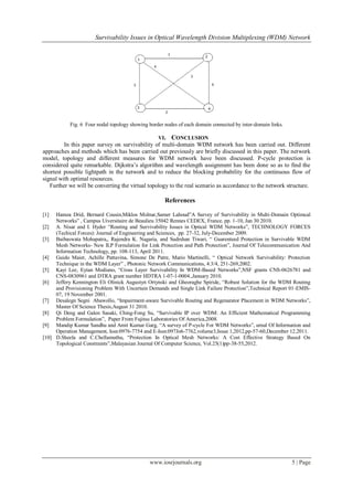 Survivability Issues in Optical Wavelength Division Multiplexing (WDM) Network
www.iosrjournals.org 5 | Page
Fig. 6 Four nodal topology showing border nodes of each domain connected by inter-domain links.
VI. CONCLUSION
In this paper survey on survivability of multi-domain WDM network has been carried out. Different
approaches and methods which has been carried out previously are briefly discussed in this paper. The network
model, topology and different measures for WDM network have been discussed. P-cycle protection is
considered quite remarkable. Dijkstra‟s algorithm and wavelength assignment has been done so as to find the
shortest possible lightpath in the network and to reduce the blocking probability for the continuous flow of
signal with optimal resources.
Further we will be converting the virtual topology to the real scenario as accordance to the network structure.
References
[1] Hamza Drid, Bernard Cousin,Miklos Molnar,Samer Lahoud”A Survey of Survivability in Multi-Domain Optimcal
Networks” , Campus Uiversitaire de Beaulieu 35042 Rennes CEDEX, France. pp. 1-10, Jan 30 2010.
[2] A. Nisar and I. Hyder “Routing and Survivability Issues in Optical WDM Networks”, TECHNOLOGY FORCES
(Techical Forces): Journal of Engineering and Sciences, pp. 27-32, July-December 2009.
[3] Baibaswata Mohapatra,, Rajendra K. Nagaria, and Sudrshan Tiwari, “ Guarenteed Protection in Survivable WDM
Mesh Networks- New ILP Fornulation for Link Protection and Path Protection”, Journal Of Telecommunication And
Information Technology, pp. 108-113, April 2011.
[4] Guido Maier, Achille Pattavina, Simone De Patre, Mario Martinelli, “ Optical Network Survivability: Protection
Technique in the WDM Layer” , Photonic Network Communications, 4:3/4, 251-269,2002.
[5] Kayi Lee, Eytan Modiano, “Cross Layer Survivability In WDM-Based Networks”,NSF grants CNS-0626781 and
CNS-0830961 and DTRA grant number HDTRA 1-07-1-0004.,January 2010.
[6] Jeffery Kennington Eli Olinick Augustyn Ortynski and Gheoraghe Spiride, “Robust Solution for the WDM Routing
and Provisioning Problem With Uncertain Demands and Single Link Failure Protection”,Technical Report 01-EMIS-
07, 19 November 2001.
[7] Desalegn Segni Abawollo, “Impairment-aware Survivable Routing and Regenarator Placement in WDM Networks”,
Master Of Science Thesis,August 31 2010.
[8] Qi Deng and Galen Sasaki, Ching-Fong Su, “Survivable IP over WDM: An Efficient Mathematical Programming
Problem Formulation”, Paper From Fujitsu Laboratories Of America,2008.
[9] Mandip Kumar Sandhu and Amit Kumar Garg, “A survey of P-cycle For WDM Networks”, urnal Of Information and
Operation Management, Issn:0976-7754 and E-Issn:097Jo6-7762,volume3,Issue 1,2012,pp-57-60,December 12,2011.
[10] D.Sheela and C.Chellamuthu, “Protection In Optical Mesh Networks: A Cost Effective Strategy Based On
Topological Constraints”,Malayasian Journal Of Computer Science, Vol.25(1)pp-38-55,2012.
 