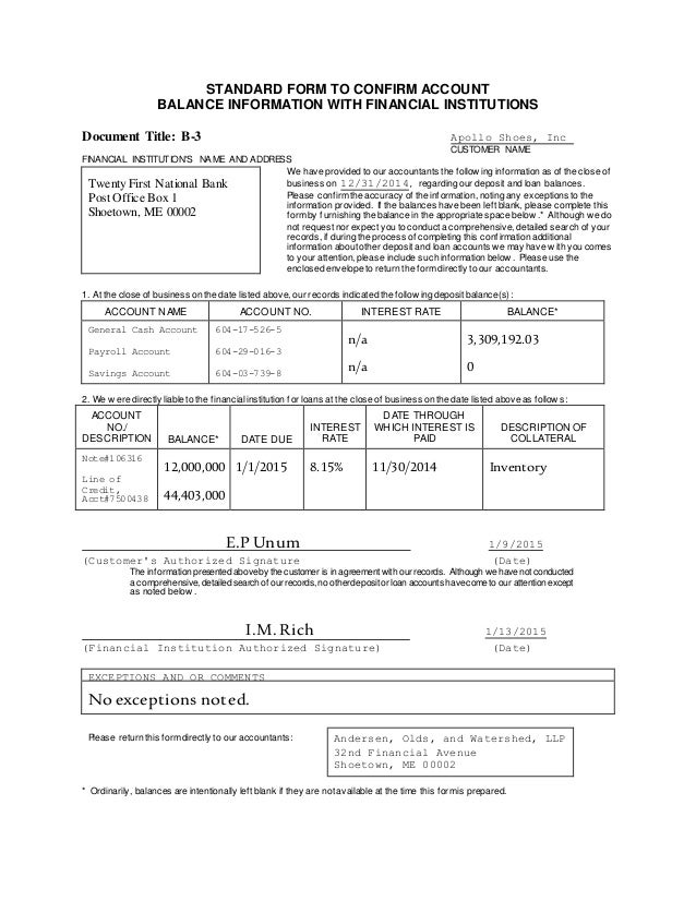 audit ii apollo case final project standard bank confirmation form aicpa