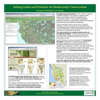 Setting Goals and Priorities for Biodiversity Conservation
Ecoregional Portfolio Core Dataset
Ecoregional assessments are the result of rigorous
scientific analyses, and provide a regional scale,
biodiversity-based context for implementing
conservation efforts. They identify ecologically
significant areas for conservation actions with the goal
of protecting representative biodiversity.
These conservation actions may be any of a range of
strategies, including: incentives for private landowners,
acknowledging and encouraging best management practices
on working landscapes, restoring degraded ecosystems, and
putting land in conservation easements.
The map products of ecoregional assessments are
ecoregional portfolios. These portfolios of prioritized sites
for conservation illustrate the places and elements of
biodiversity that represent the Conservancy’s vision of
conservation success.
When The Nature Conservancy adopted its “Conservation
by Design” methods and undertook the development of
ecoregional assessments, it was envisioned that the
ecoregional portfolios would ultimately be rolled up into a
“blueprint for conservation” in the U.S. and beyond that would
then be usable by the Conservancy and by many other
interests to inform conservation priorities. This vision is being
realized realized in the Ecoregional Portfolio Core
Dataset.
The Ecoregional Portfolio Core Data Set will enable the
Conservancy to communicate the vision of Conservation by
Design, help influence the strategies of our many partners in
conservation, and catalyze new conservation efforts.
This work responds to TNC's commitment to work with
others to conserve 10% of the world's biodiversity.
The Washington State Biodiversity Council undertook
at 30-year Biodiversity Conservation Strategy using the
information gathered by nine ecoregional assessments
spanning the state.
The strategy is designed to conserve Washington’s unique
plant and animal communities, and includes broad
initiatives to define conservation priorities, foster
landowner engagement, and measure progress.
Through sharing information from six
ecoregional assessments in Arizona,
The Nature Conservancy has been able
to help guide decisions about
conservation, land-use and management
activities across the state.
This science-based information has
helped to influence a wide range of
management decisions on more than
six million acres of public and private
lands, and became influential in the
management plans for forests,
grasslands and headwater streams
stewarded by the U.S. Forest Service.
The Nature Conservancy
Conservation Data & Information Systems
 